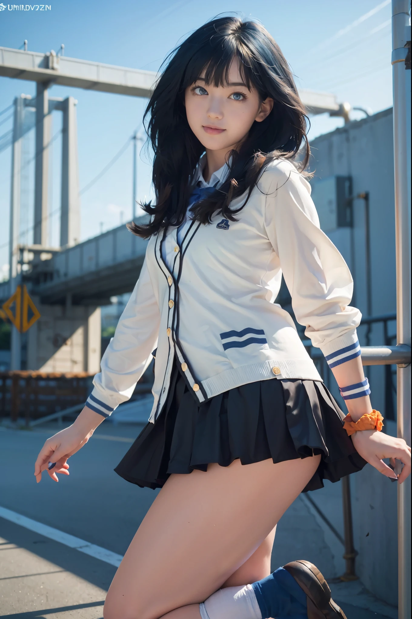 1girl, solo, Japanese beautiful girl, 17 years old, hight school student, looking at viewer, (smile:1.1),
short stature, moderate waist, , big , 
(Best quality, 8k, 32k, Masterpiece, UHD:1.2), 
beautiful face, perfect face, highly detailed beautiful face and eyes, attractive face, detailed skin, skin blemish, real human skin, perfect skin, Beyondv4,
BREAK
(upper body, portrait:1.2), standing,  pose, dynamic angle, Cinematic Lighting,
takarada rikka, RikkaT, white cardigan,
rikka takarada, blue eyes, (dark blue hair:1.5), long hair, orange scrunchie, scrunchie, wrist scrunchie,
black footwear, black skirt, bow, bowtie, buttons, cardigan, collared shirt, long sleeves, microskirt, pleated skirt, red bow, red bowtie, red socks, school uniform, shirt, shoes, skirt, socks, thighs, white cardigan, white shirt,