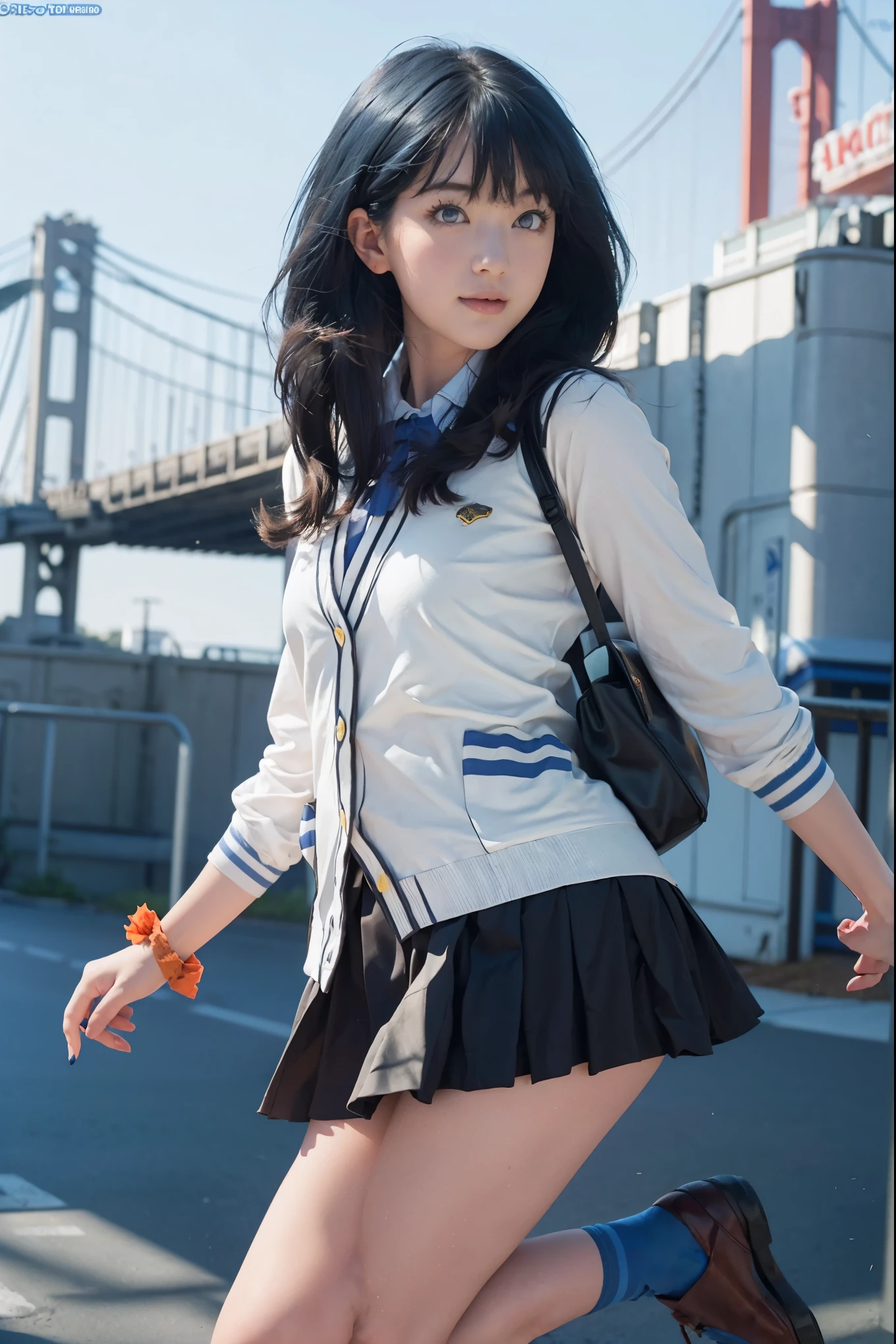 1girl, solo, Japanese beautiful girl, 17 years old, hight school student, looking at viewer, (smile:1.1),
short stature, moderate waist, , big ,
(Best quality, 8k, 32k, Masterpiece, UHD:1.2),
beautiful face, perfect face, highly detailed beautiful face and eyes, attractive face, detailed skin, skin blemish, real human skin, perfect skin, Beyondv4,
BREAK
(upper body, portrait:1.2), standing, pose, dynamic angle, Cinematic Lighting,
takarada rikka, RikkaT, white cardigan,
rikka takarada, blue eyes, (dark blue hair:1.5), long hair, orange scrunchie, scrunchie, wrist scrunchie,
black footwear, black skirt, bow, bowtie, buttons, cardigan, collared shirt, long sleeves, microskirt, pleated skirt, red bow, red bowtie, red socks, school uniform, shirt, shoes, skirt, socks, thighs, white cardigan, white shirt,