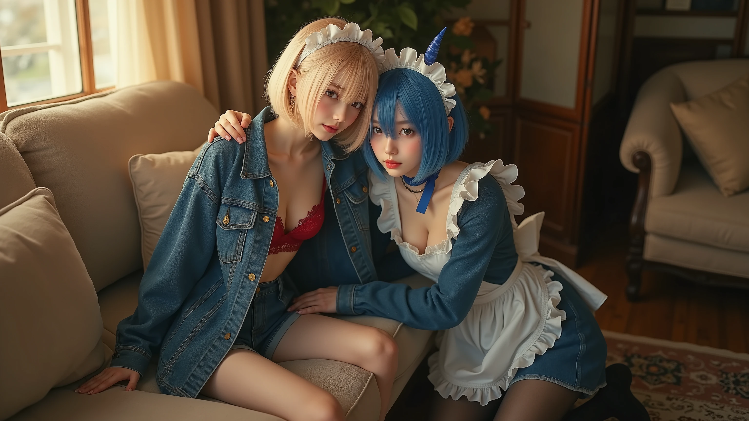 Ultra-realistic 8K hyper-realistic photorealistic full-body portrait of two women with clearly distinct outfits in a cozy mansion living room: a 16-17-year-old Japanese girl with short blonde bob hair, brown almond eyes glistening with tears and crinkled in sorrow, downturned lips in a vulnerable expression, perched on a plush sofa edge leaning slightly forward in distress, STRICTLY dressed in an unbuttoned denim jacket over a lacy red bralette and unzipped short denim shorts only, no crossover styles; receiving a gentle side hug from her companion. Next to her kneeling on the rug, Rem in intricate photorealistic detail as a 17-year-old oni demon maid with short blue hair in a neat asymmetrical bob featuring long side-swept bangs precisely covering her left eye for a mysterious allure, white maid headband, and small curved oni horn on the right side, bright blue right eye focused with loyal affection, pale skin with a subtle blush and gentle reassuring smile, petite athletic build from service, STRICTLY wearing her classic blue maid dress with white apron, frilled headpiece, black stockings, and blue ribbon choker, no blending with the Japanese girl's casual denim. The two in an intimate comforting routine with Rem's arm wrapped protectively around the girl's shoulders, natural soft indoor golden hour light from a window warming the room and highlighting Rem's horn gleam, bangs shadow over left eye, and the blonde girl's lacy bralette edges, detailed velvet cushions and wooden floors in soft focus, eye-level wide shot capturing their unblended styles and outfits, photorealistic with high dynamic range on emotional expressions and fabric textures, no clothing fusion, no anime, no cartoon