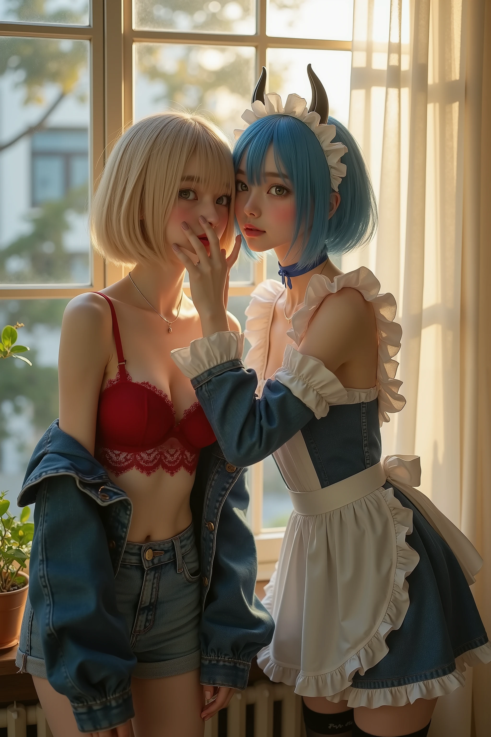 Ultra-realistic 8K hyper-realistic photorealistic close-up full-body portrait of two women with clearly distinct outfits by a sunlit window: a 16-17-year-old Japanese girl with short blonde bob hair, brown almond eyes filled with sadness and glistening tears, faint downturned lips in distress, standing with slumped posture, STRICTLY dressed in an unbuttoned denim jacket over a lacy red bralette and unzipped short denim shorts only, no crossover styles; being gently stroked on the cheek by her companion. Next to her kneeling gracefully, Rem in intricate photorealistic detail as a 17-year-old oni demon maid with short blue hair in a neat asymmetrical bob featuring long side-swept bangs precisely covering her left eye for a mysterious allure, white maid headband, and small curved oni horn on the right side, bright blue right eye focused with loyal affection, pale skin with a subtle blush and gentle compassionate smile, petite athletic build from service, STRICTLY wearing her classic blue maid dress with white apron, frilled headpiece, black stockings, and blue ribbon choker, no blending with the Japanese girl's casual denim. The two in a caring head-stroking routine, natural diffused golden hour daylight warming the glass and highlighting Rem's horn gleam, bangs shadow over left eye, and the blonde girl's lacy bralette edges, detailed sheer curtains and potted plants in soft focus, eye-level wide shot capturing their unblended styles and outfits, photorealistic with high dynamic range on emotional faces and skin pores, no clothing fusion, no anime, no cartoon