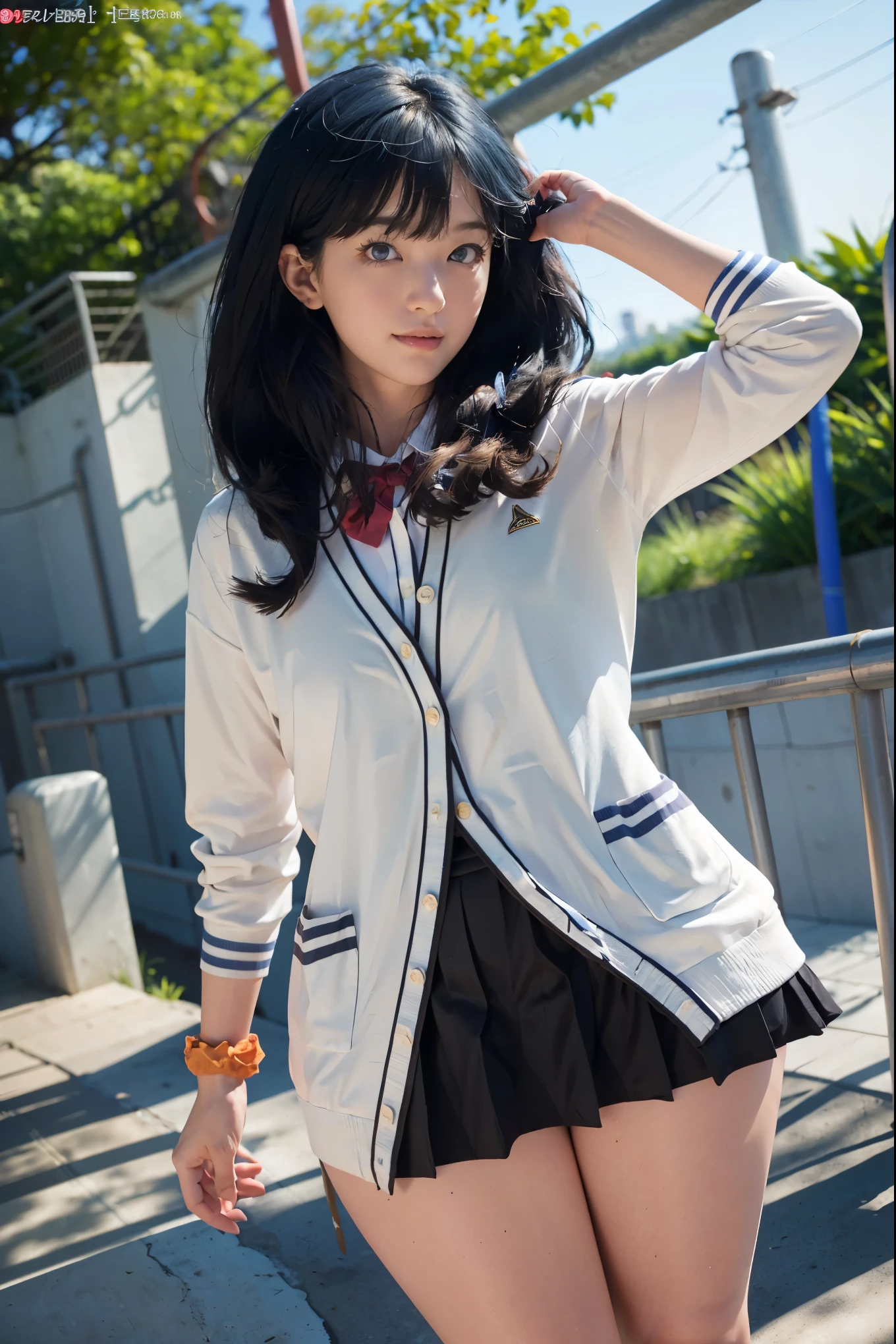 1girl, solo, Japanese beautiful girl, 17 years old, hight school student, looking at viewer, (smile:1.1),
short stature, moderate waist, , big , (:1.3),
(Best quality, 8k, 32k, Masterpiece, UHD:1.2),
beautiful face, perfect face, highly detailed beautiful face and eyes, attractive face, detailed skin, skin blemish, real human skin, perfect skin, Beyondv4,
outdoor, in the Forest park,
BREAK
(upper body, portrait:1.2), (hands in own hair:1.5), (standing:1.3), on the Bench, pose, dynamic angle, Cinematic Lighting,
takarada rikka, RikkaT, white cardigan,
rikka takarada, blue eyes, (dark blue hair:1.5), long hair, orange scrunchie, scrunchie, wrist scrunchie,
black footwear, black skirt, bow, bowtie, buttons, cardigan, collared shirt, long sleeves, microskirt, pleated skirt, red bow, red bowtie, red socks, school uniform, shirt, shoes, skirt, socks, thighs, white cardigan, white shirt, (sheer panties, white panties:1.3),