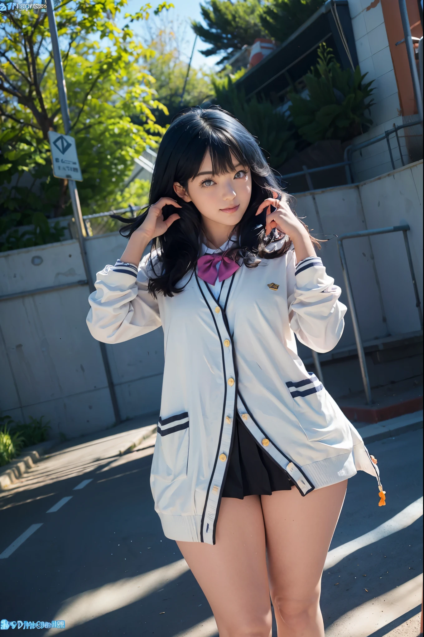 1girl, solo, Japanese beautiful girl, 17 years old, hight school student, looking at viewer, (smile:1.1),
short stature, moderate waist, , big , (:1.3),　
(Best quality, 8k, 32k, Masterpiece, UHD:1.2), 
beautiful face, perfect face, highly detailed beautiful face and eyes, attractive face, detailed skin, skin blemish, real human skin, perfect skin, Beyondv4,
outdoor, in the Forest park, 
BREAK
(upper body, portrait:1.2), (hands in own hair:1.5), (standing:1.3), on the Bench,  pose, dynamic angle, Cinematic Lighting, 
takarada rikka, RikkaT, white cardigan,
rikka takarada, blue eyes, (dark blue hair:1.5), long hair, orange scrunchie, scrunchie, wrist scrunchie,
black footwear, black skirt, bow, bowtie, buttons, cardigan, collared shirt, long sleeves, microskirt, pleated skirt, red bow, red bowtie, red socks, school uniform, shirt, shoes, skirt, socks, thighs, white cardigan, white shirt, (sheer panties, white panties:1.3), 