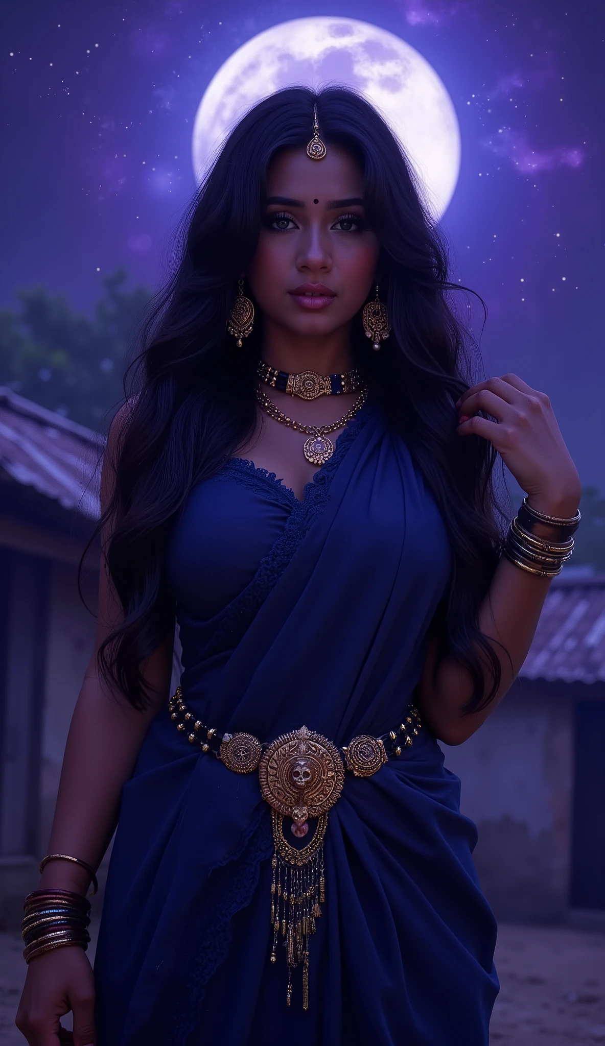 (Score_9, Score_8_up, Score_7_up, Score_6_up, Score_5_up, Score_4_up, Source_anime, Tag1, Tag2)
A stunningly beautiful and youthful depiction of Goddess Kali, shown as an 18–20 year old divine feminine figure.
Her flawless deep blue-black skin glows softly under cosmic moonlight. Her long black hair flows wildly around her shoulders and down her back. Her eyes are large, intense, and hypnotic — filled with divine passion and ancient power. Her tongue is slightly out, blood-red, yet her expression is mysteriously calm and seductive.
She is adorned in a **desi village woman style**:
- Saree with veil on head and lace blouse, showing clear deep cleavage
- Mehndi henna on both hands and legs
- Many bangles on both hands
- Huge earrings
- Long necklace of small gold and black beads with a big gold pendant
- Gold belly chain
- Gold anklets on both legs
- Very long nails
- Red sindur on head
- Blue shade lipstick
- A delicate nose ring
- Tribal bangles
- A subtle skull necklace
Her body is perfectly proportioned, soft yet strong, radiating both sensuality and cosmic energy. She stands near a rural village background, yet surrounded by a void-like cosmic space, glowing dark violet aura and floating symbols of Shakti.
Her presence is overwhelmingly magnetic — a divine mix of power, beauty, and raw feminine force. Highly detailed digital art in soft fantasy realism style.