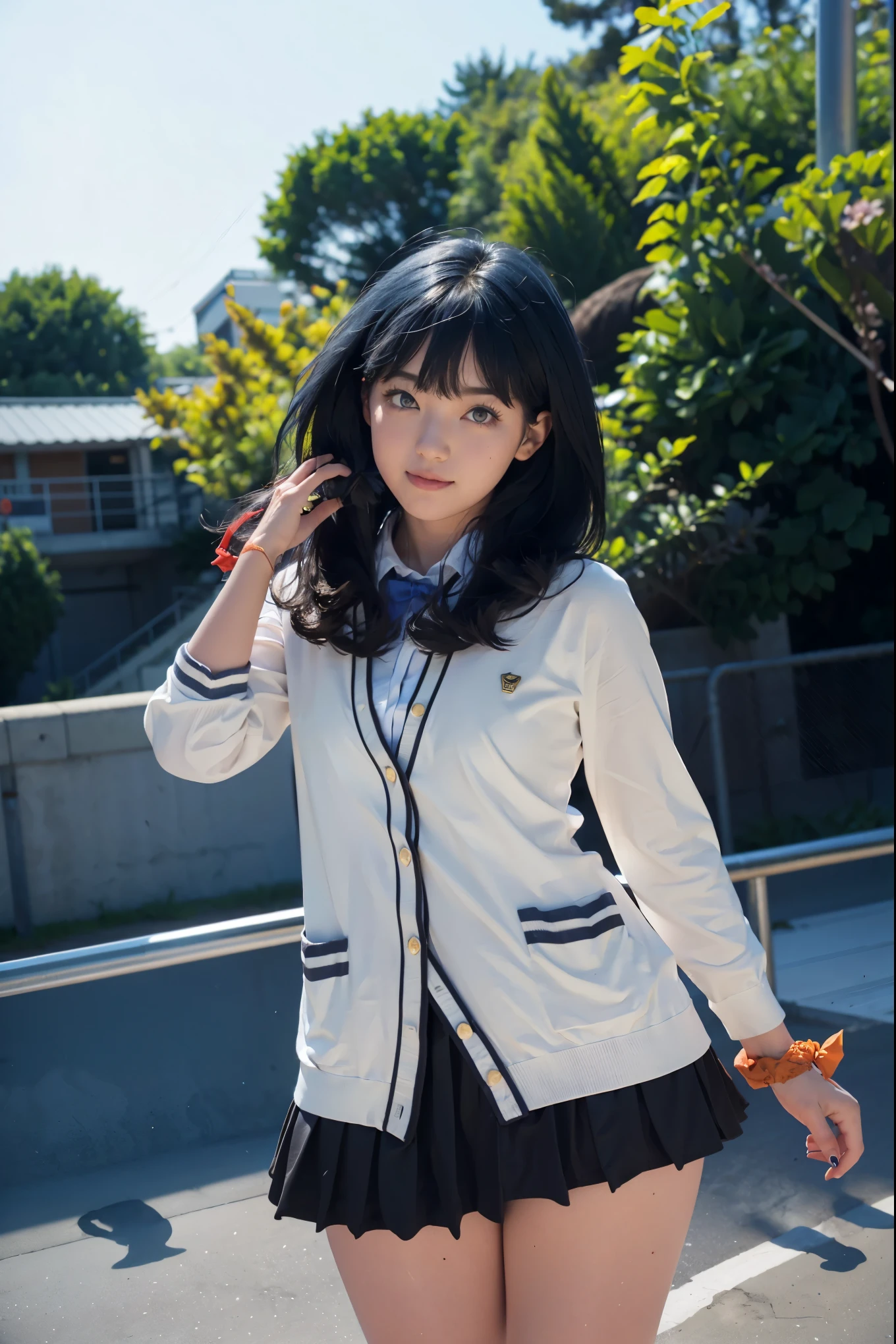 1girl, solo, Japanese beautiful girl, 17 years old, hight school student, looking at viewer, (smile:1.1),
short stature, moderate waist, , big , (:1.3),　
(Best quality, 8k, 32k, Masterpiece, UHD:1.2), 
beautiful face, perfect face, highly detailed beautiful face and eyes, attractive face, detailed skin, skin blemish, real human skin, perfect skin, Beyondv4,
outdoor, in the Forest park, 
BREAK
(upper body, portrait:1.2), (hands in own hair:1.5), (standing:1.3), on the Bench,  pose, dynamic angle, Cinematic Lighting, 
takarada rikka, RikkaT, white cardigan,
rikka takarada, blue eyes, (dark blue hair:1.5), long hair, orange scrunchie, scrunchie, wrist scrunchie,
black footwear, black skirt, bow, bowtie, buttons, cardigan, collared shirt, long sleeves, microskirt, pleated skirt, red bow, red bowtie, red socks, school uniform, shirt, shoes, skirt, socks, thighs, white cardigan, white shirt, (sheer panties, white panties:1.3), 