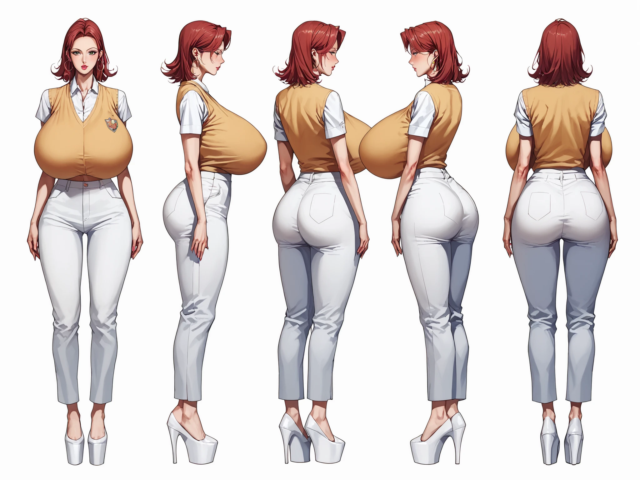 Character sheet, character concept art, white background,simple background, Mature woman, Irish woman with freckles, white skin tone, high cheekbones, middle-parted hair, cut hair, red hair, mid-length hair, big lips, glossy pink lips, tall, curvaceous, wide hips, massive breasts, huge ass, tailored pin-stripe vest, midriff, wide leg pin-stripe trousers, platform shoes, hoop earrings, hip dips, slim thick, HyperSag, huge breasts, gigantic breasts, modeling, lips bimbo,score_9, score_8_up, score_7_up, score_6_up, score_5_up, score_4_up, 1 woman, {{{Masterpiece}}, {{{Hyper Detailed}}}, {{{best quality}}},score_9, score_8_up, score_7_up, score_6_up, score_5_up, score_4_up, 1 woman, (huge breasts: 1.4), {{{Masterpiece}}, {{{Hyper Detailed}}}, {{{best quality}}