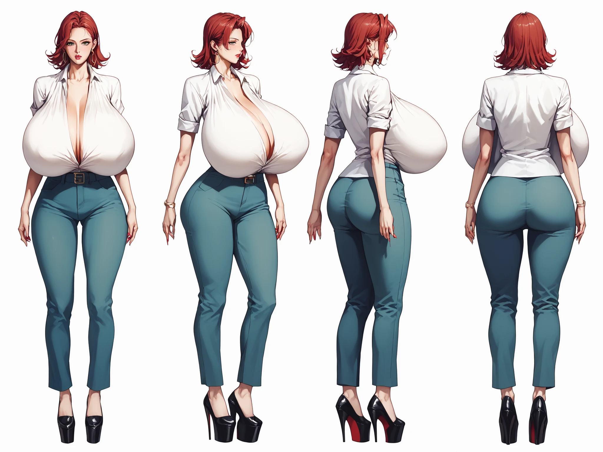 Character sheet, character concept art, white background,simple background, Mature woman, Irish woman with freckles, white skin tone, high cheekbones, middle-parted hair, cut hair, red hair, mid-length hair, big lips, glossy pink lips, tall, curvaceous, wide hips, massive breasts, huge ass, pin-stripe vest, midriff wide leg pin-stripe trousers, platform shoes, low rise trousers, hoop earrings, hip dips, slim thick, HyperSag, huge breasts, gigantic breasts, modeling and facing the viewers, lips bimbo,score_9, score_8_up, score_7_up, score_6_up, score_5_up, score_4_up, 1 woman, {{{Masterpiece}}, {{{Hyper Detailed}}}, {{{best quality}}},score_9, score_8_up, score_7_up, score_6_up, score_5_up, score_4_up, 1 woman, (huge breasts: 1.4), {{{Masterpiece}}, {{{Hyper Detailed}}}, {{{best quality}}
