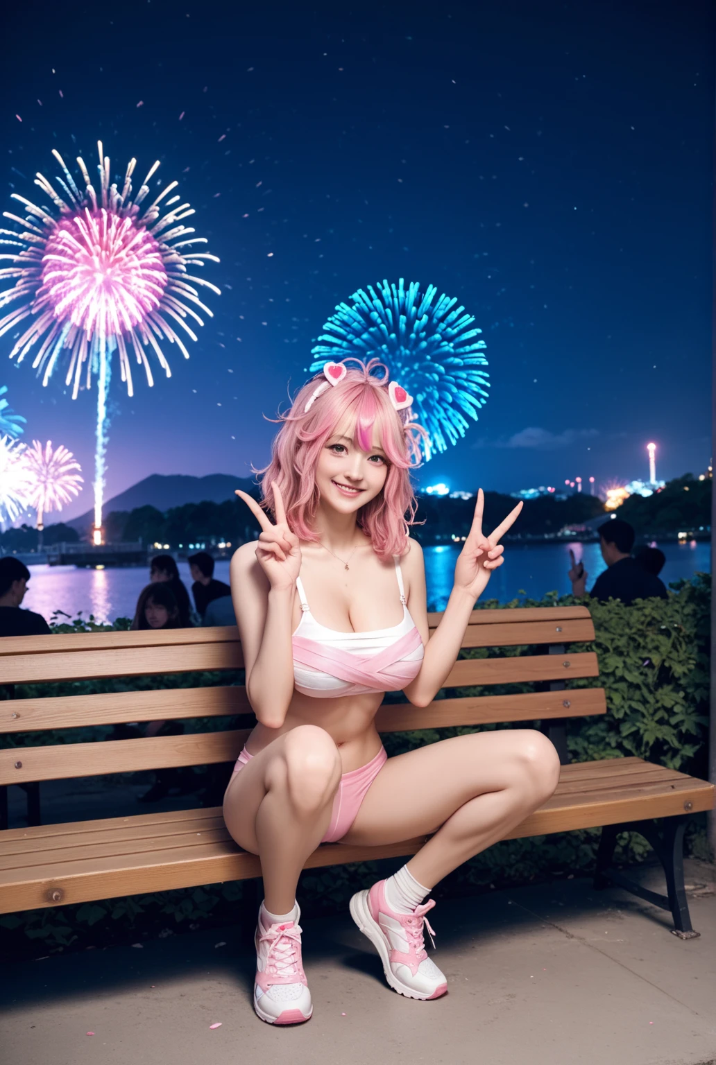 (???? :1.35)(Pink Hair :1.3),Ulzzang-6500-v1.1, (RAW Photos:1.2), (Photorealistic), Beautiful detailed girl, (Genuine: 1.4), Very detailed目と顔, ((Fireworks in the background:1.2)), Selfie, Instagram、game_Hmph, Large file size, High resolution, Very detailed, highest quality, [masterpiece:1.6], Awareness-raising, Very detailed, Hmph, In detail, highest quality, 8k wallpaper, Cinema Lighting, One Girl, 17 years old, Perfect figure, Cute droopy eyes、Beautiful big eyes、Pieck Finger, ((Tabletop)), highest quality, eye shadow,  Portraiture, ((Full Body Shot:1.4))、(A very loving smile:1.2)、Realistic skin texture、Glowing Skin、