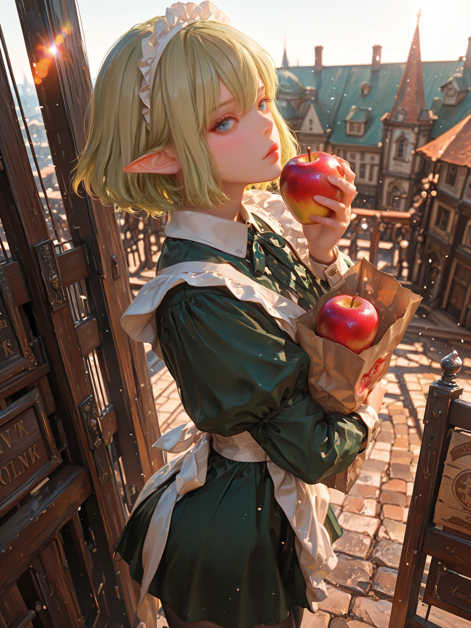 atnr, (aerial view:1.7, slightly side, face focus), (masterpiece), (best quality), very aesthetic, (a composition shifted slightly to the side), absurdres, newest, high resolution, 8k, extremely detailed,
BREAK
anatomically correct, detailed face:1.3, beautiful eyes:1.38, detailed hair expression, beautiful female body, detailed skin, detailed clothing surfaces,
BREAK
1girl, (solo), ryu lion \(danmachi\), short hair, (blue eyes, calm gaze), pointy ears, waitress outfit, maid headdress, neck ribbon, green dress, collared dress, white apron, juliet sleeves, long sleeves, black pantyhose, boots, (standing, holding a paper bag at stomach level:1.2), (holding an apple up to the sunlight, quality appraisal, staring intently, looking at the apple, reflected the apple), slight shadow falls on her face,
BREAK
depth of field, fluttering leaves, scenery:0.8, atmospheric perspective,
BREAK
medieval open-air market:1.2, signs of autumn:1.4, gentle breeze, blurred background, blurred pedestrians, lively atmosphere, sun lay, lens-flare, use of cool colors, fading border, slightly backlit