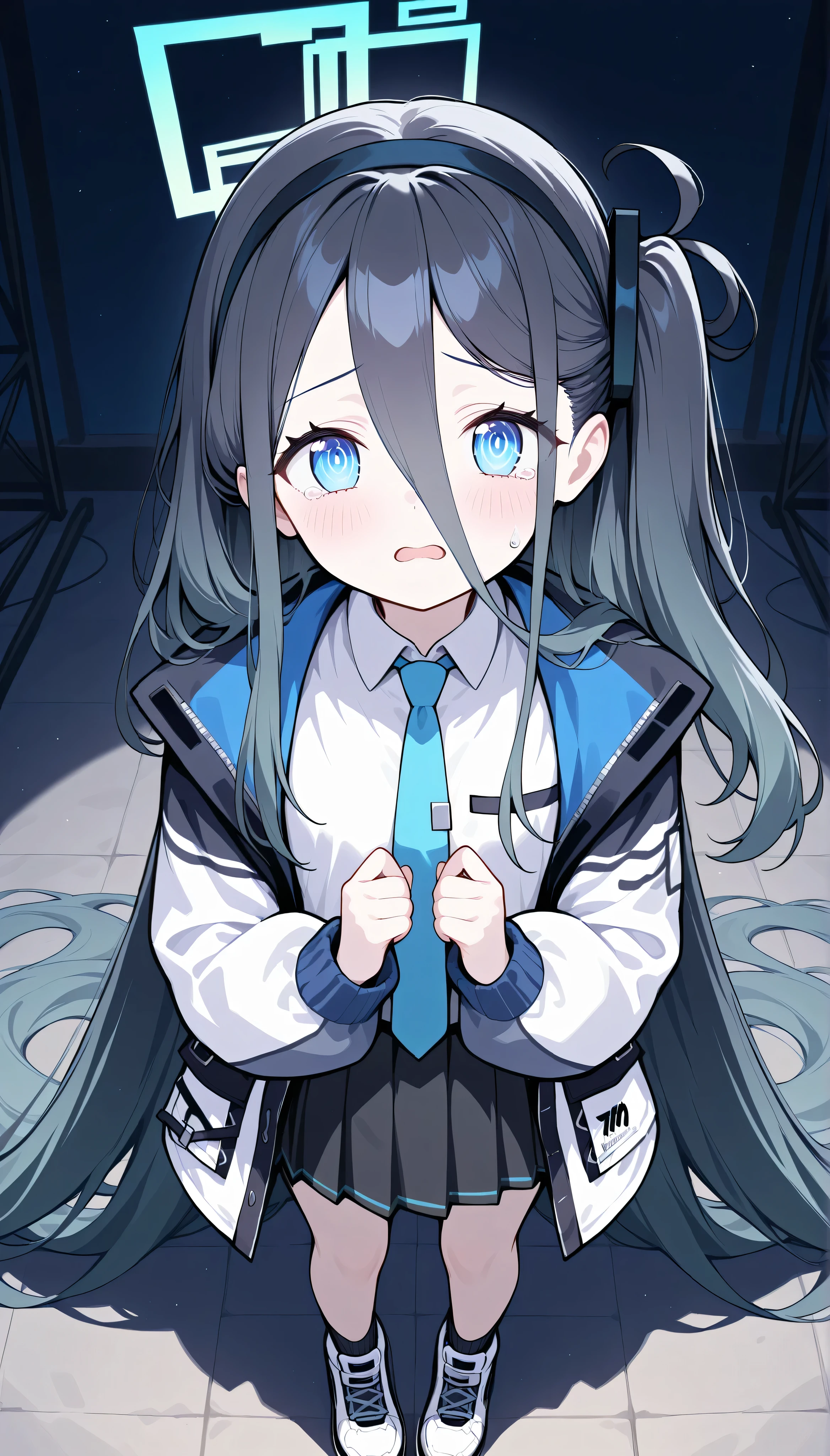 aris (blue archive),black hair,blue eyes,one side up,absurdly long hair, hair between eyes,black hairband,halo,white jacket,necktie,pleated skirt,black socks,sneakers,　 solo,　 I can see my eyebrows from the inside of my hair, hair between eyes,　  masterpiece, Best Quality, very aesthetic,   outdoor, stage,dark room,　 looking at viewer, from above,  open mouth, cry, sad, watery eyes, tearful,blush,