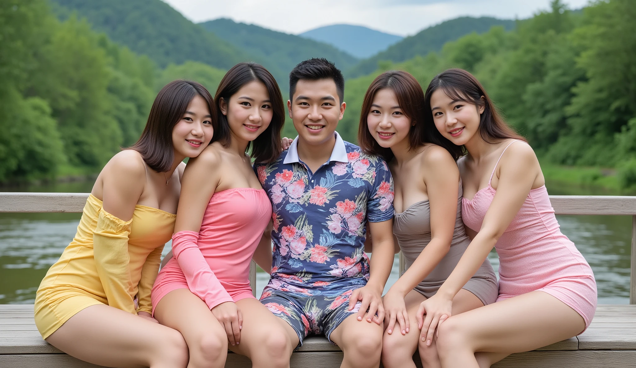 2 woman And one mighty man , Beautiful woman, black long hair, wearing pink String ?????? panties, While holding onto a male, tight hugging With a boyfriend,  big ?????, standing  with men, wearing a crown, At an beach wedding , little smile, ????? expression, heels, full body, View from a distance