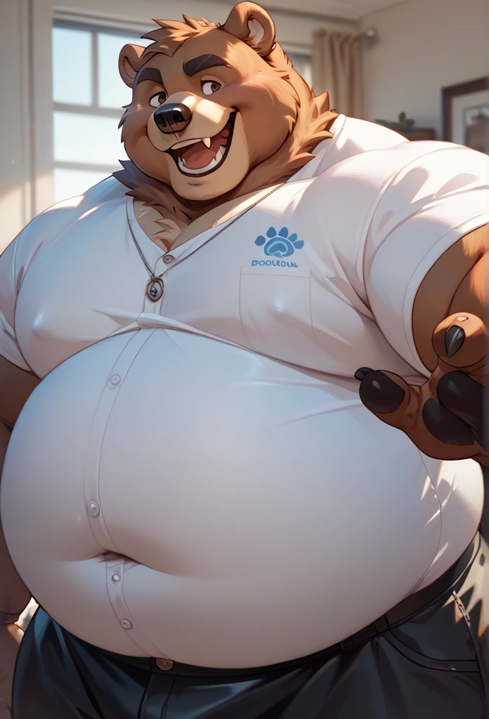 Dogs are fluffy fat chuby，personal，middle aged，St. Bernard，inflating adult，big fat bloated belpy  ，fat strong，Slightly fat，muscle，teacher，outdoor，Sweat，Wet short sleeves，stand at the door，Smile，Anime style，Blue Theme，Green Plants，Looking at you，Glasses(black frame，Gold Texture)，Body(0.5)