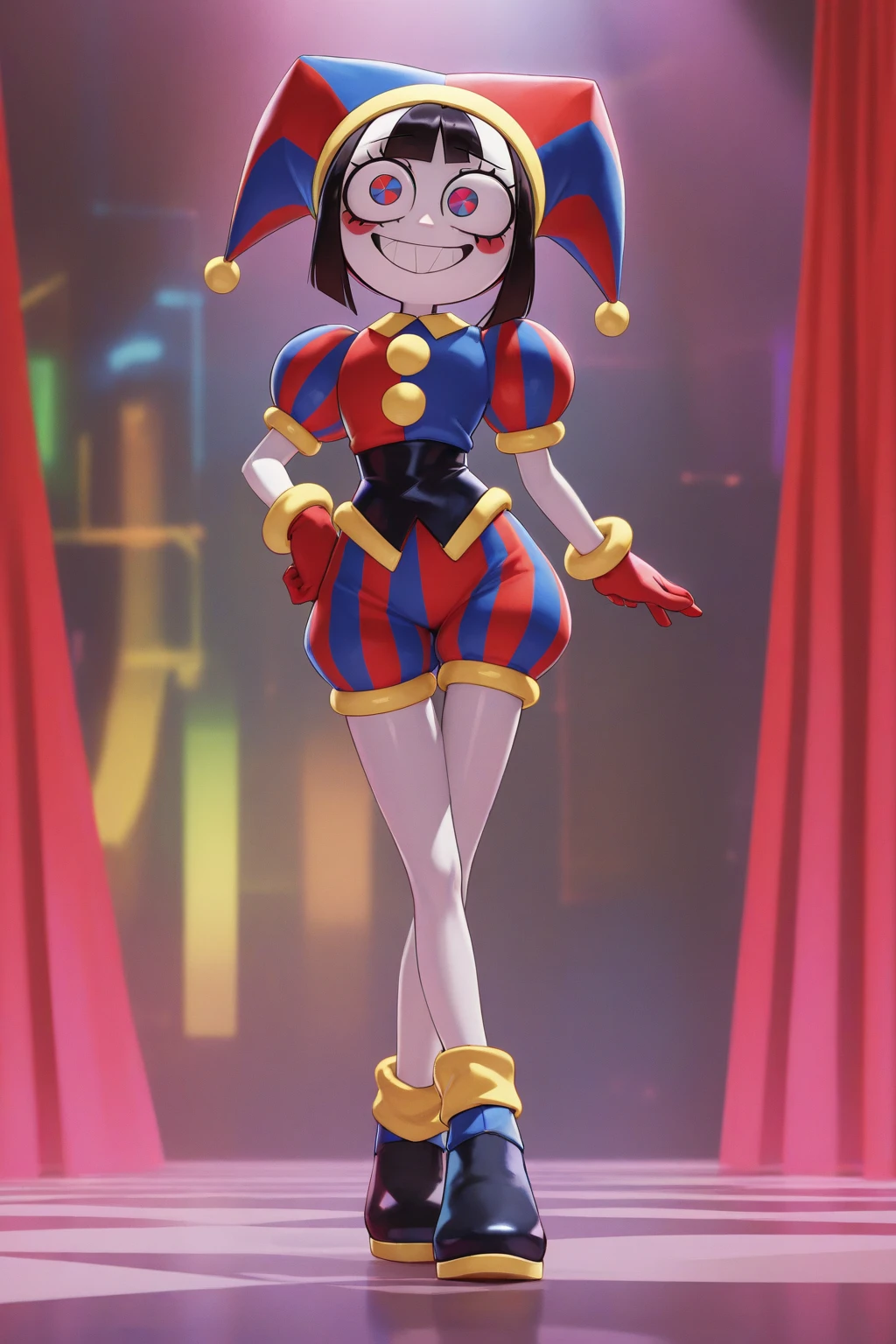 16k, HD, Professional, Highly Detailed, ((Masterpiece: 0.3)), (((High Quality))), Ultra-detailed face, Highly Detailed Lips, Detailed Eyes, full body, clown girl, wearing (()), brown hair, squeaky nose, white clown makeup, bright outfit, standing, jester hat, large squeaky shoes, skimpy clothes, crop shirt, skirt, tights, full body, 