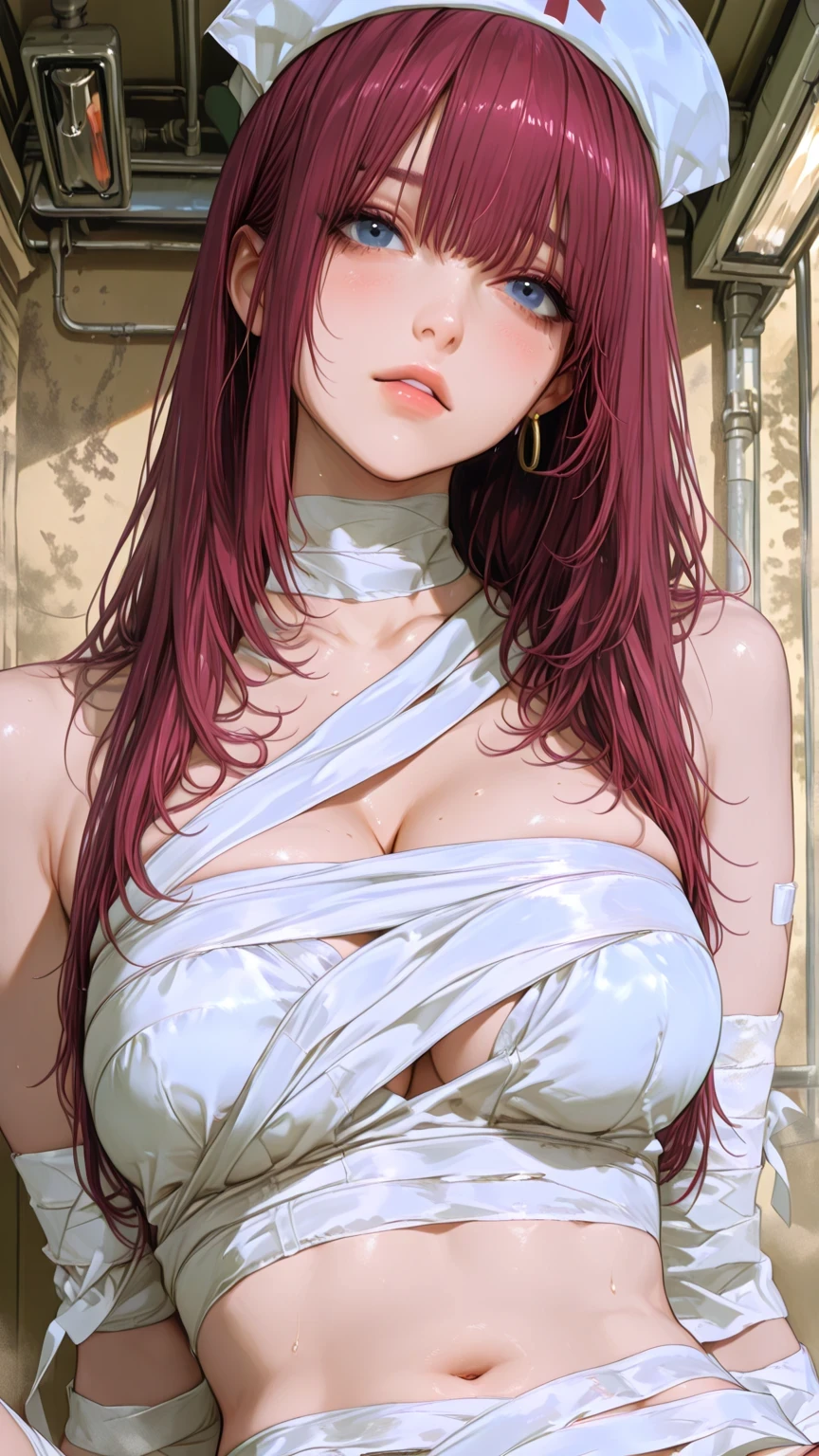 (Masterpiece, Highest Quality, Ultra-Precision, (Realism: 1.2), Semi-Realistic Style), One Woman, Large Breasts, Blue Eyes, Fair skin, smooth arms and hands, smiling face, parted lips, defined jawline, straight nose bridge, vivid blue eyes, long lashes, thin eyebrows, beautiful long glossy red hair, meticulously detailed smooth and shiny long hair, one eye hidden by hair, eyeshadow, (((Super-large breasts, super-large chest, super-large cleavage))), ((Entire body covered in yellow thin cord bandages, yellow thin cord bandage outfit)), ((X} Sandstorm-like dance movements)): 2.5, ((Skin visible through gaps in bandages)):2.5, ((Silhouette shaped by bandages)):2.5, ((Slightly loosened abdominal bandages)):2.5, ((Entire body completely wrapped in bandages like a mummy)):2.5, ((Limbs tightly bound with bandages)):2.5, ((Traditional Ancient Egyptian mummy bandages)): 2.0, ((Slightly exposed navel)): 2.0, ((Chest completely covered in bandages)): 2.5, ((Entire body wrapped in multiple layers of ancient bandages)): 2.5, ((Blue eyes shining through gaps in the bandages)): 2.5, Photographic realism: 2.0, Mysterious atmosphere: 2.5, ((20-year-old young woman)): 2.0, ((Completely covered in bandages like a mummy)): 3.0, UI Hidden: 2.0, ((Close-up, zoomed in, focus on face)), smooth, dewy-looking glowing skin, white nurse's cap, white bandages concealing naked body, wrapped from head to toe in thin white bandages, meticulously wrapped bandages
(Hospital), fluorescent lighting,
Cinematic lighting, realistic style, (Low angle shot from patient's extreme point of view), Fluorescent lights glowing behind, hazy atmosphere, sweat glistening on taut skin, passionate downward gaze, cinematic lighting, realistic texture (Close-up detail: 1.4), intense sensual energy