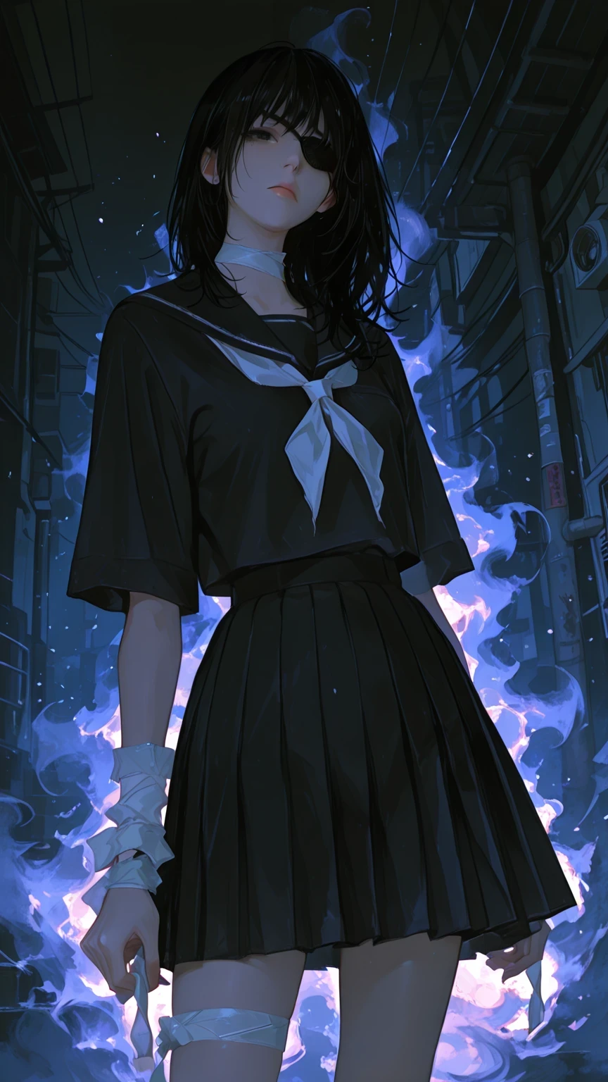 High-resolution photorealistic reflections, glowing bokeh, atmospheric lighting, captivating – shot with the Nikon Z7 II mirrorless camera. High-resolution eyes and face, detailed features, 8K, ultra-high resolution), (Anime style, high-resolution eyes and face), (Anime style, illustration emphasizing facial details), intricate details, mysterious atmosphere, captivating ambiance, dark effects, soft shadows, dark color palette, upward gaze, petite girl, Sailor uniform, eye patch, loose bandage on right arm, loose bandage on left arm, loose bandage around neck, loose bandage on leg, dynamic pose, concentrated line effect,
sharp gaze, jet-black eyes.
Cold and sharp, mysterious aura.
Dutch angle, framing from waist height, cold and eerie.
Expressionless, or perhaps wearing a faint sneer.