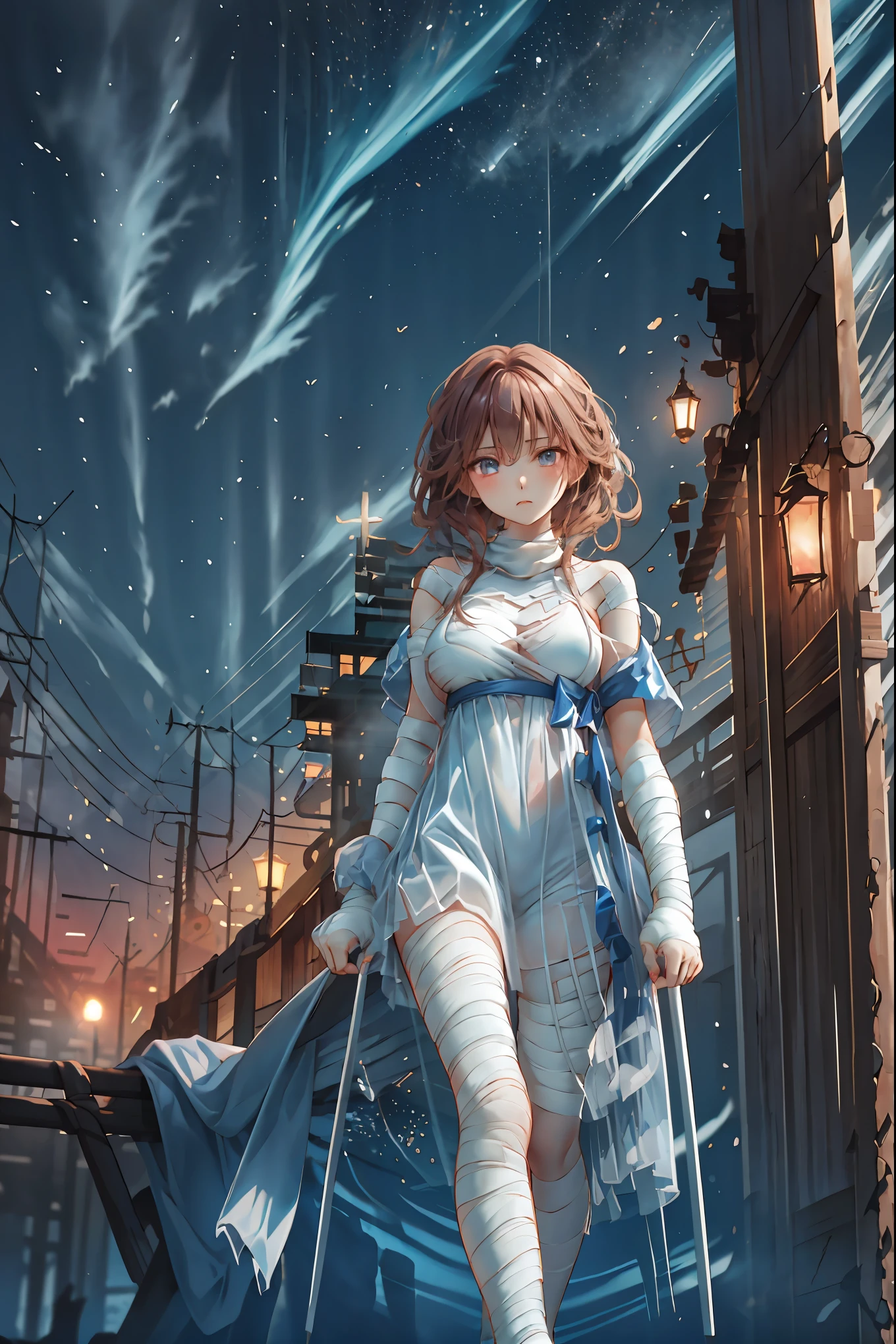 (((Bandage girl)))、Beautiful girl,Halloweenの夜,怪物に取り囲まれたCity, A girl being controlled by a monster , Transforming into a monster , A city filled with skyscrapers ,Cityの夜景
少女の傷付いた姿, A girl's expression is gloomy and gloomy ,frightened posture, A girl hiding her wounds with bandages , A monster's shadow creeps in the background , Surrounded by monsters ,Cityの高層ビルが立ち並ぶ夜景, A girl illuminated by the buildings , A dark, frightening atmosphere
masterpiece,4K,HDR,super precise,フォトreal,real,professional,vivid,horror,sf,dark,Halloween,dark atmosphere,fantastic,Gothic,City,Buildingscape