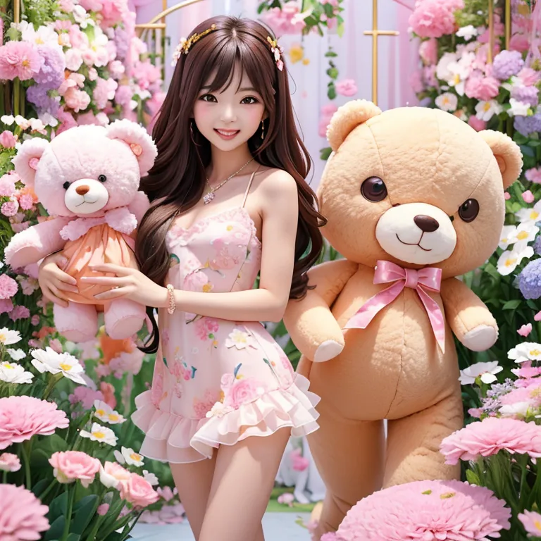 Thiếu nữ và gấu bông giữa vườn hoa