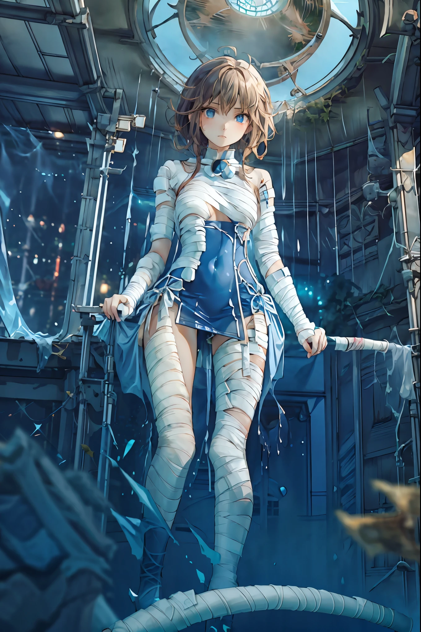 (((Bandage girl)))、Beautiful girl,Halloweenの夜,怪物に取り囲まれたCity,((from below:1.2)),, Transforming into a monster , A city filled with skyscrapers ,Cityの夜景、meteor、空から降り注ぐmeteor、無数のmeteor群、
The girl's wounded figure, A girl's expression is gloomy and gloomy ,frightened posture, A girl hiding her wounds with bandages , A monster's shadow creeps in the background , Surrounded by monsters ,Cityの高層ビルが立ち並ぶ夜景, A girl illuminated by the buildings , A dark, frightening atmosphere
masterpiece,4K,HDR,super precise,フォトreal,real,professional,vivid,horror,sf,dark,Halloween,dark atmosphere,fantastic,Gothic,City,Buildingscape