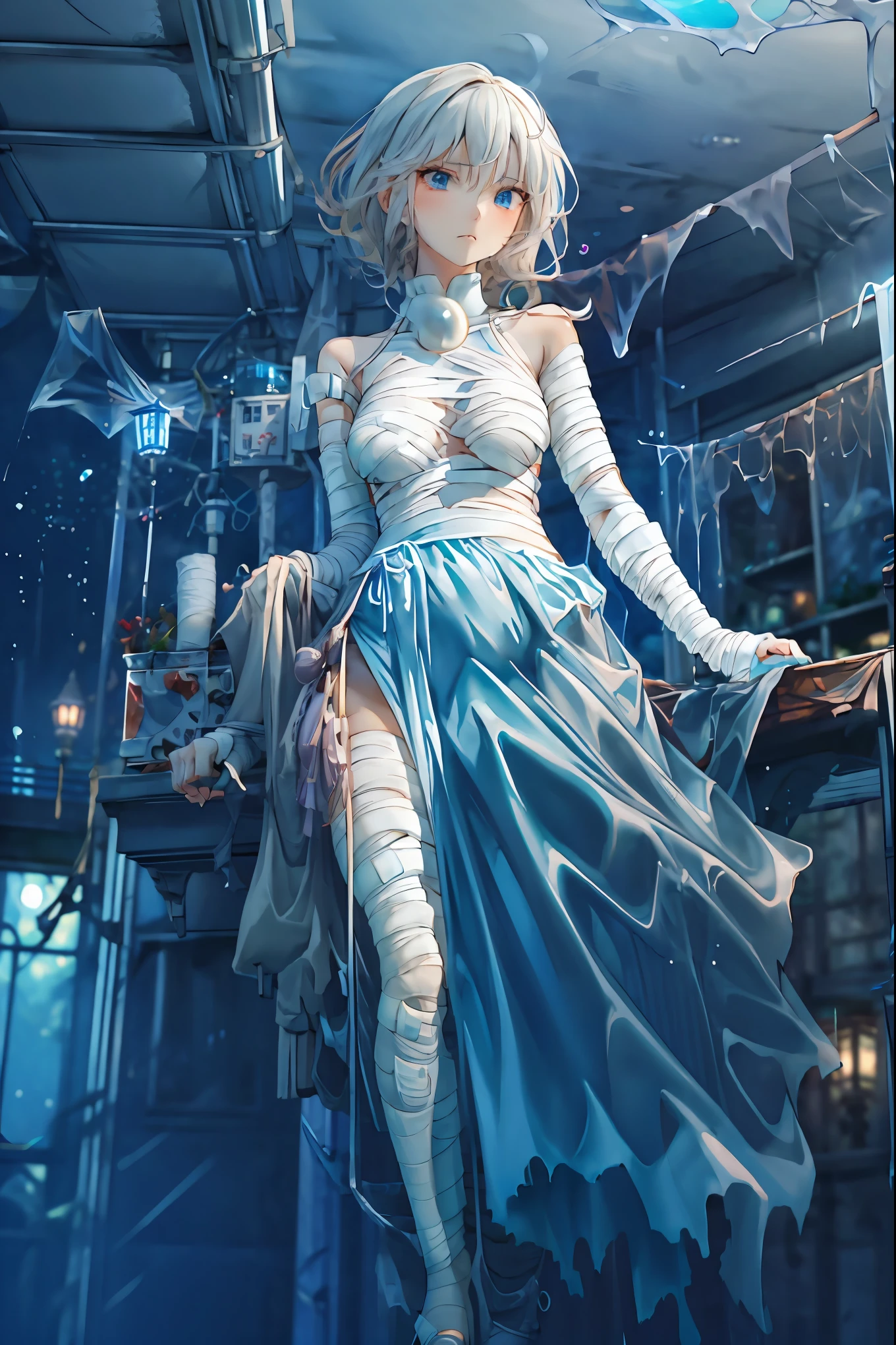 (((Bandage girl)))、Beautiful girl,Halloweenの夜,怪物に取り囲まれたCity,((from below:1.2)),, Transforming into a monster , A city filled with skyscrapers ,Cityの夜景、meteor、空から降り注ぐmeteor、無数のmeteor群、
The girl's wounded figure, A girl's expression is gloomy and gloomy ,frightened posture, A girl hiding her wounds with bandages , A monster's shadow creeps in the background , Surrounded by monsters ,Cityの高層ビルが立ち並ぶ夜景, A girl illuminated by the buildings , A dark, frightening atmosphere
masterpiece,4K,HDR,super precise,フォトreal,real,professional,vivid,horror,sf,dark,Halloween,dark atmosphere,fantastic,Gothic,City,Buildingscape