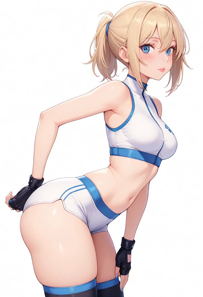 1girl, tall body, light blonde hair, aquamarine eyes, boots, ???????, bracelets, full body, hair ornament, ((shoulder-length hair, ponytail, bangs)), full body with costume, ((leotard, perfect leotard, gymnast_outfit leotard, white leotard with blue accents, ???? legs)), hi-tech shoulder pads, (white boots), ??????????????, perfect hands, complete fingers, perfect ???????, perfect proportions, solo, solo focus, superhero, beautiful detailed eyes, beautiful detailed face, age 18, asuka suit, full body portrait, standing straight, ((back view)), cityscape