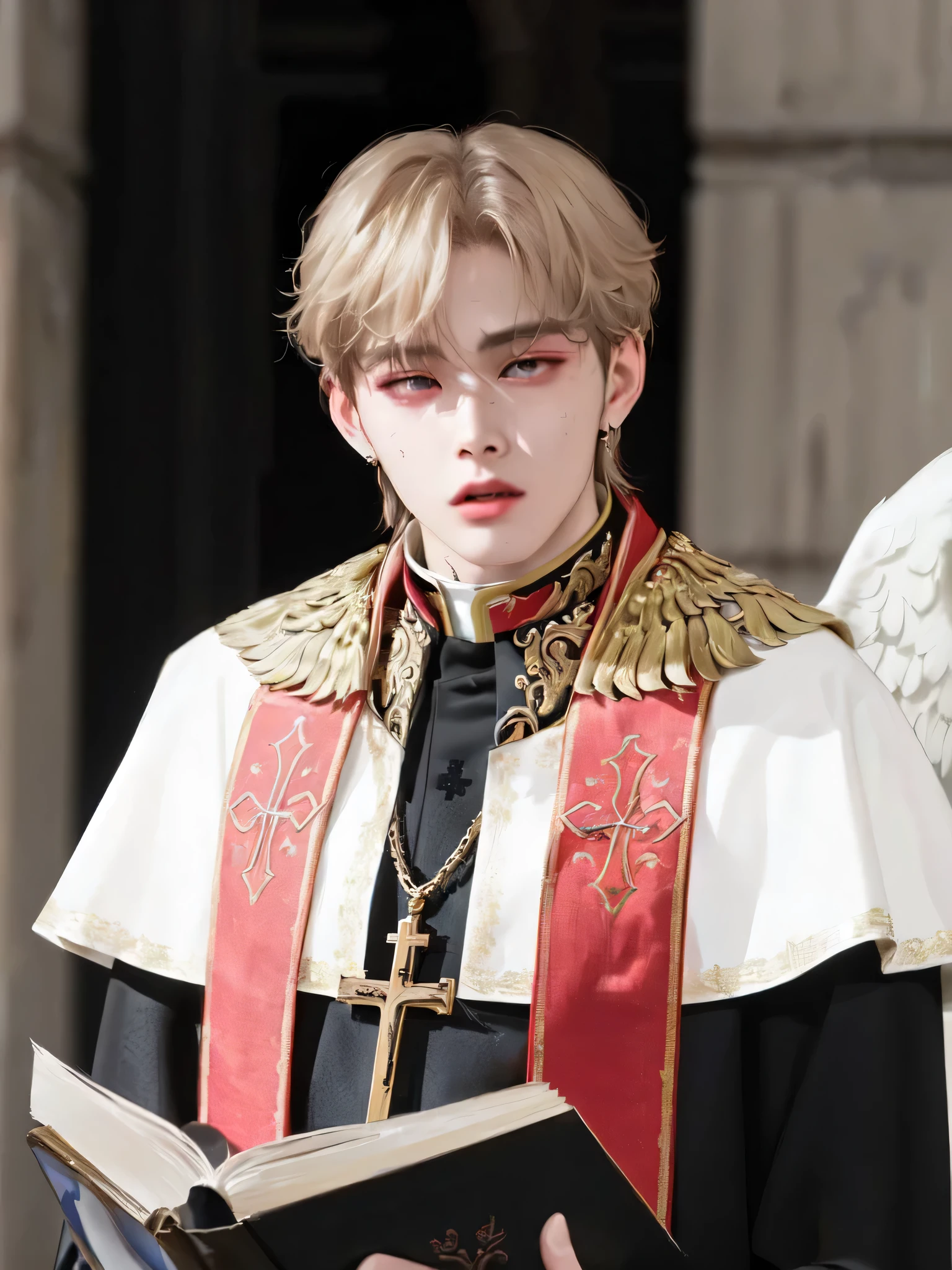 arafed man in a priest's robes holding a book, cai xukun, an evil catholic priest, bladee from drain gang, beautiful androgynous prince, kim doyoung, sakimichan, sakimichan frank franzzeta, delicate androgynous prince, young wan angel, priest, style blend of the vatican