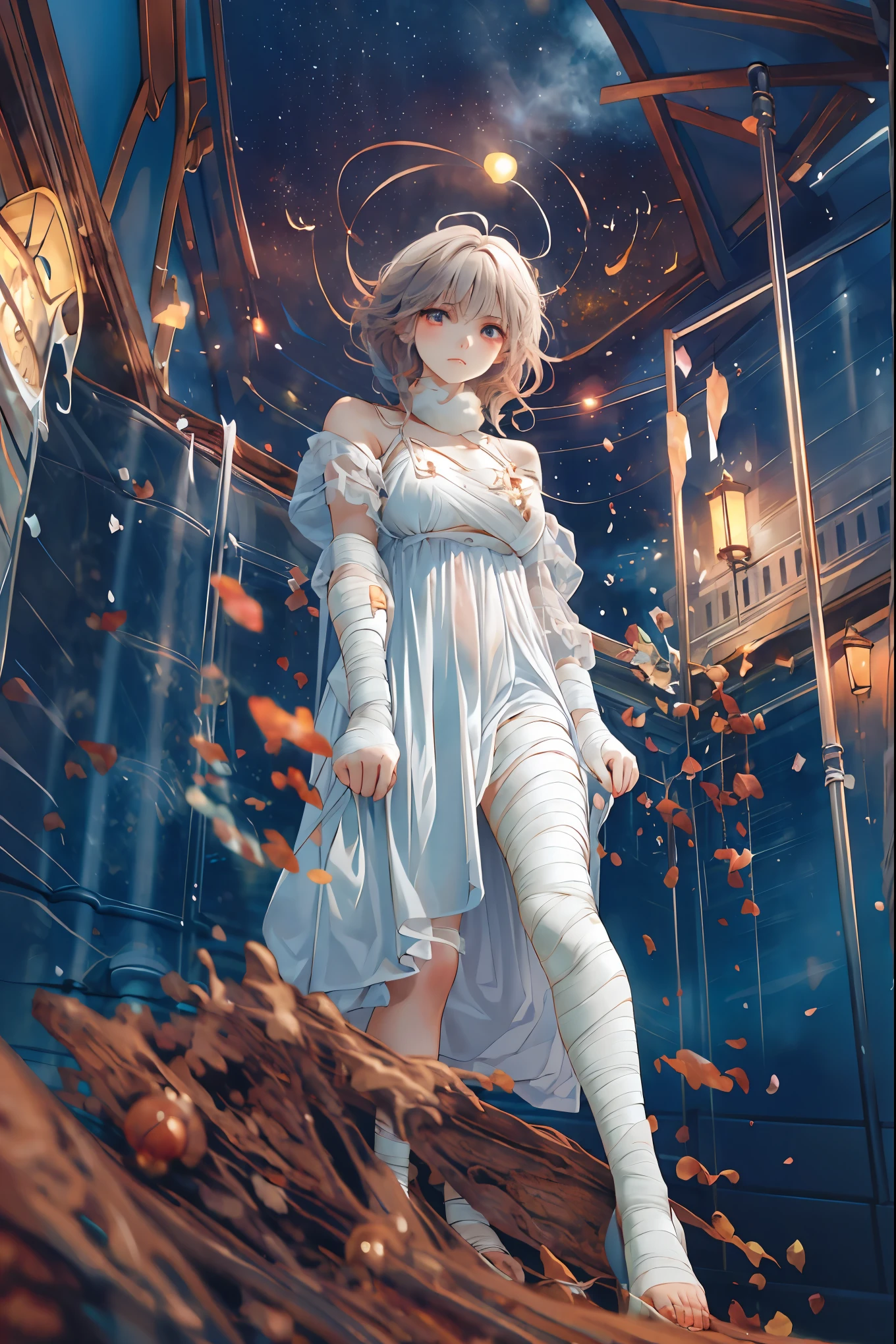 (((Bandage girl)))、Beautiful girl,Halloweenの夜,怪物に取り囲まれたCity,((from below:1.2)),, Transforming into a monster , A city filled with skyscrapers ,Cityの夜景、meteor、空から降り注ぐmeteor、無数のmeteor群、
The girl's wounded figure, A girl's expression is gloomy and gloomy ,frightened posture, A girl hiding her wounds with bandages , A monster's shadow creeps in the background , Surrounded by monsters ,Cityの高層ビルが立ち並ぶ夜景, A girl illuminated by the buildings , A dark, frightening atmosphere
masterpiece,4K,HDR,super precise,フォトreal,real,professional,vivid,horror,sf,dark,Halloween,dark atmosphere,fantastic,Gothic,City,Buildingscape