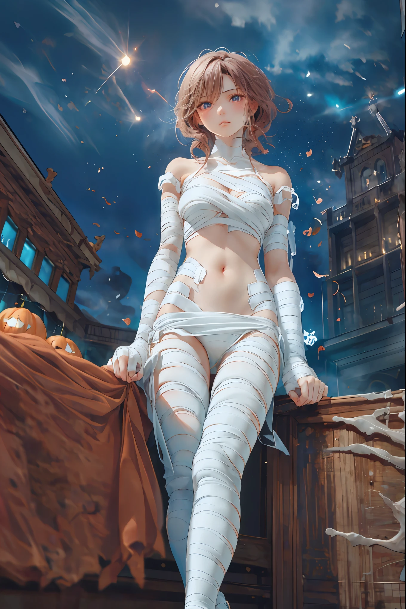 (((Bandage girl)))、Beautiful girl,Halloweenの夜,怪物に取り囲まれたCity,((from below:1.2)),, Transforming into a monster , A city filled with skyscrapers ,Cityの夜景、meteor、空から降り注ぐmeteor、無数のmeteor群、
The girl's wounded figure, A girl's expression is gloomy and gloomy ,frightened posture, A girl hiding her wounds with bandages , A monster's shadow creeps in the background , Surrounded by monsters ,Cityの高層ビルが立ち並ぶ夜景, A girl illuminated by the buildings , A dark, frightening atmosphere
masterpiece,4K,HDR,super precise,フォトreal,real,professional,vivid,horror,sf,dark,Halloween,dark atmosphere,fantastic,Gothic,City,Buildingscape