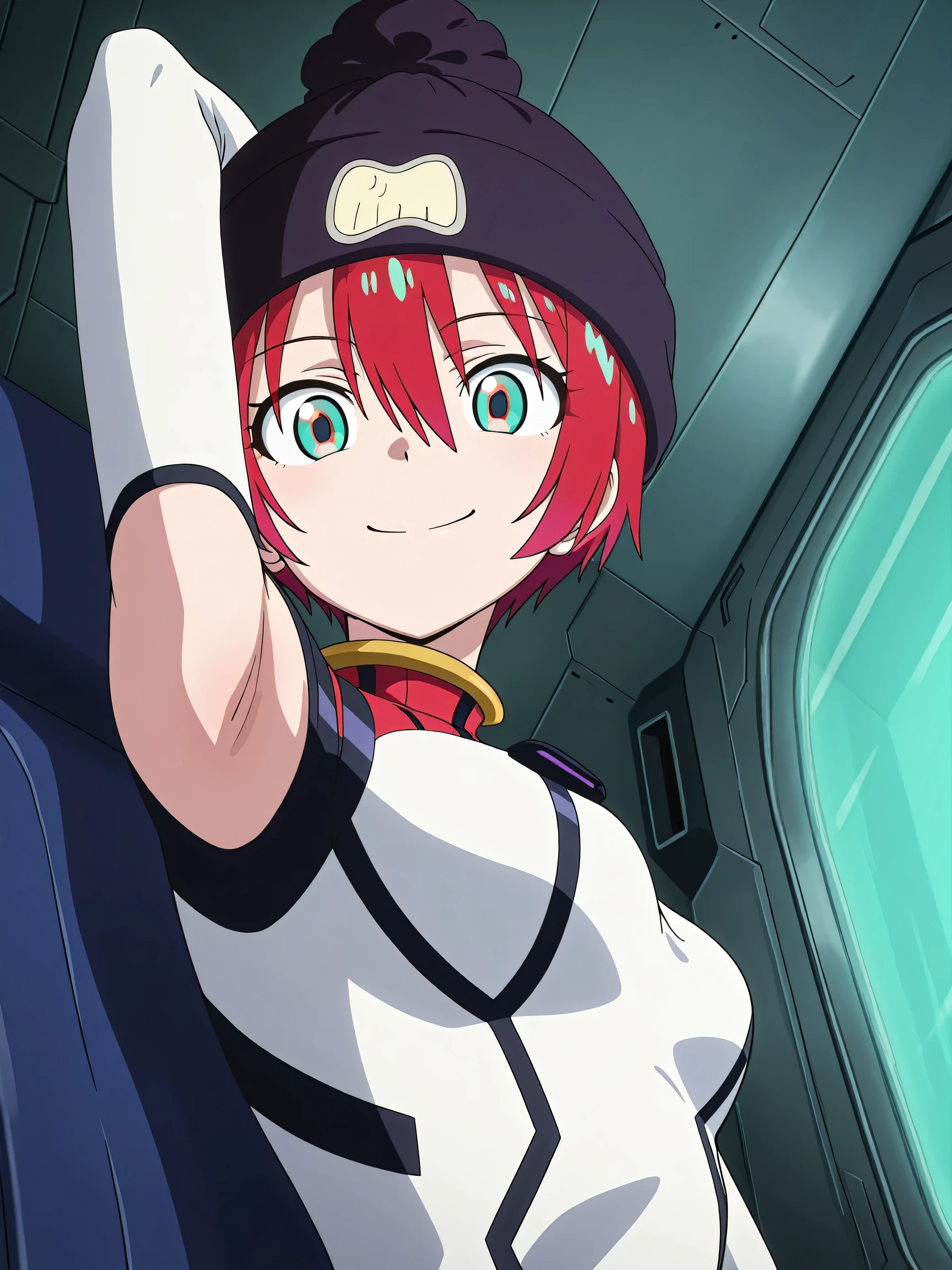 masterpiece, best quality, amazing quality, anime screencap, anime coloring, 1girl, solo, amate yuzuriha, short hair, red hair, aqua eyes, multicolored eyes, small breasts, amate yuzuriha \(pilot suit\), beanie, sleeves, armpit cutout, exposed armpit, inside a mech cockpit, arm behind head, armpit, armpit focus, head towards viewer, looking at viewer, smile, closed mouth, indoors, from side, from below