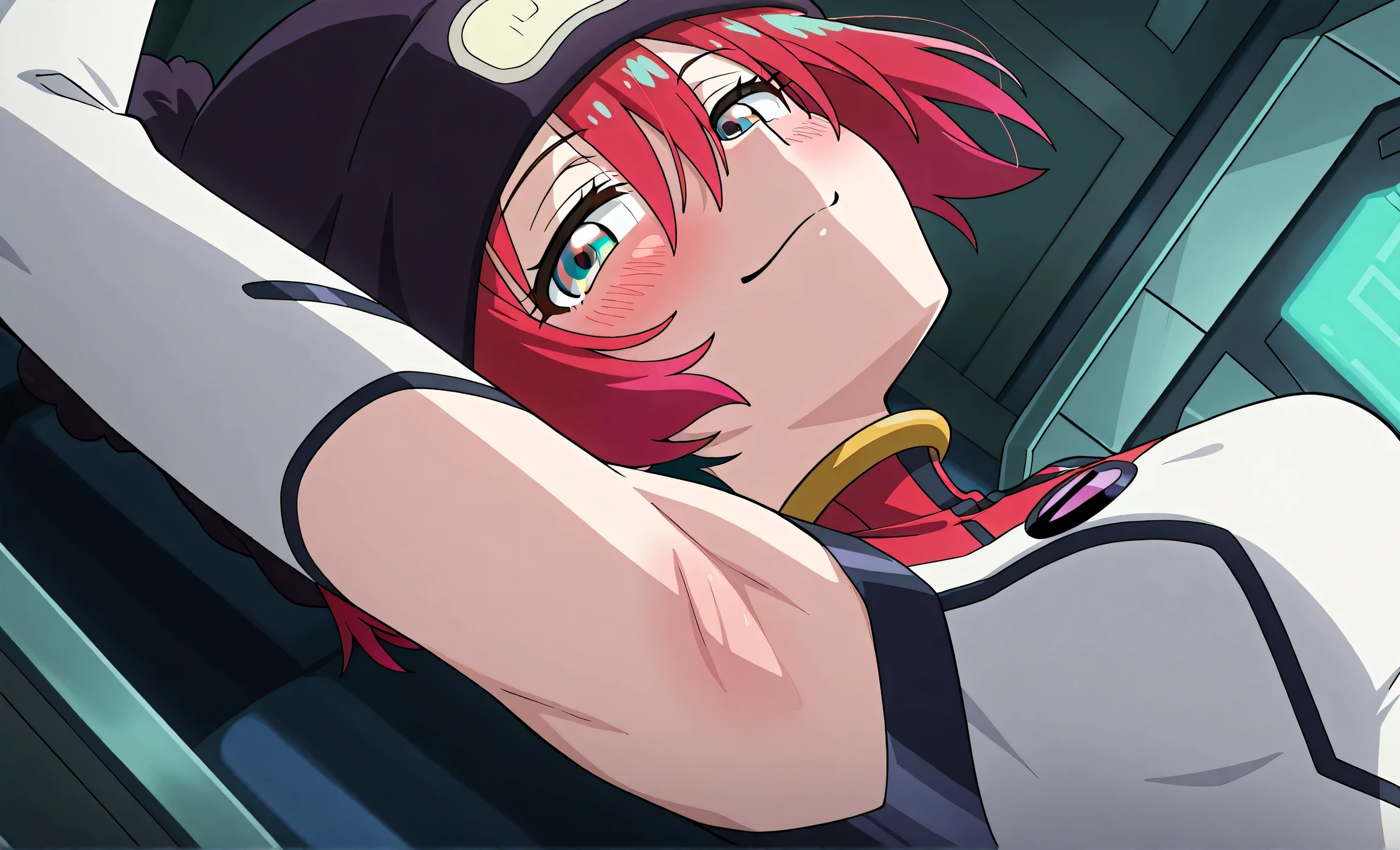 masterpiece, best quality, amazing quality, anime screencap, anime coloring, 1girl, solo, amate yuzuriha, short hair, red hair, aqua eyes, multicolored eyes, small breasts, amate yuzuriha \(pilot suit\), beanie, sleeves, armpit cutout, exposed armpit, inside a mech cockpit, arm up, raised arm, armpit, armpit focus, head towards viewer, looking at viewer, smile, smug, half-closed eyes, blush, closed mouth, indoors, from side, from below, armpit up close, close-up of armpit