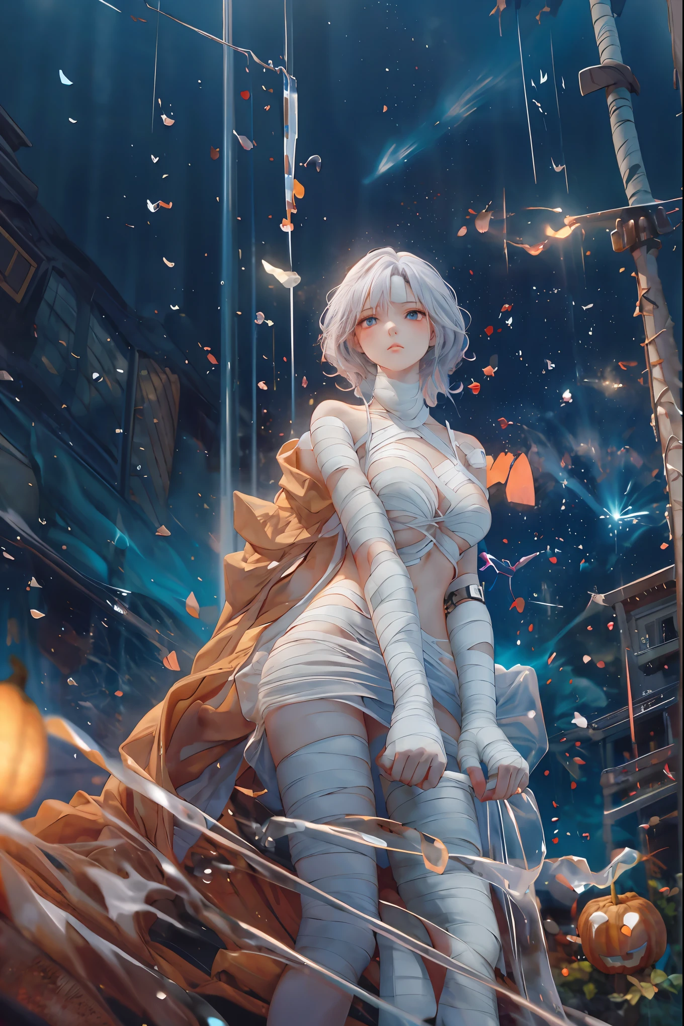 (((Bandage girl)))、Beautiful girl,Halloweenの夜,怪物に取り囲まれたCity,((from below:1.2)),, Transforming into a monster , A city filled with skyscrapers ,Cityの夜景、meteor、空から降り注ぐmeteor、無数のmeteor群、
The girl's wounded figure, A girl's expression is gloomy and gloomy ,frightened posture, A girl hiding her wounds with bandages , A monster's shadow creeps in the background , Surrounded by monsters ,Cityの高層ビルが立ち並ぶ夜景, A girl illuminated by the buildings , A dark, frightening atmosphere
masterpiece,4K,HDR,super precise,フォトreal,real,professional,vivid,horror,sf,dark,Halloween,dark atmosphere,fantastic,Gothic,City,Buildingscape