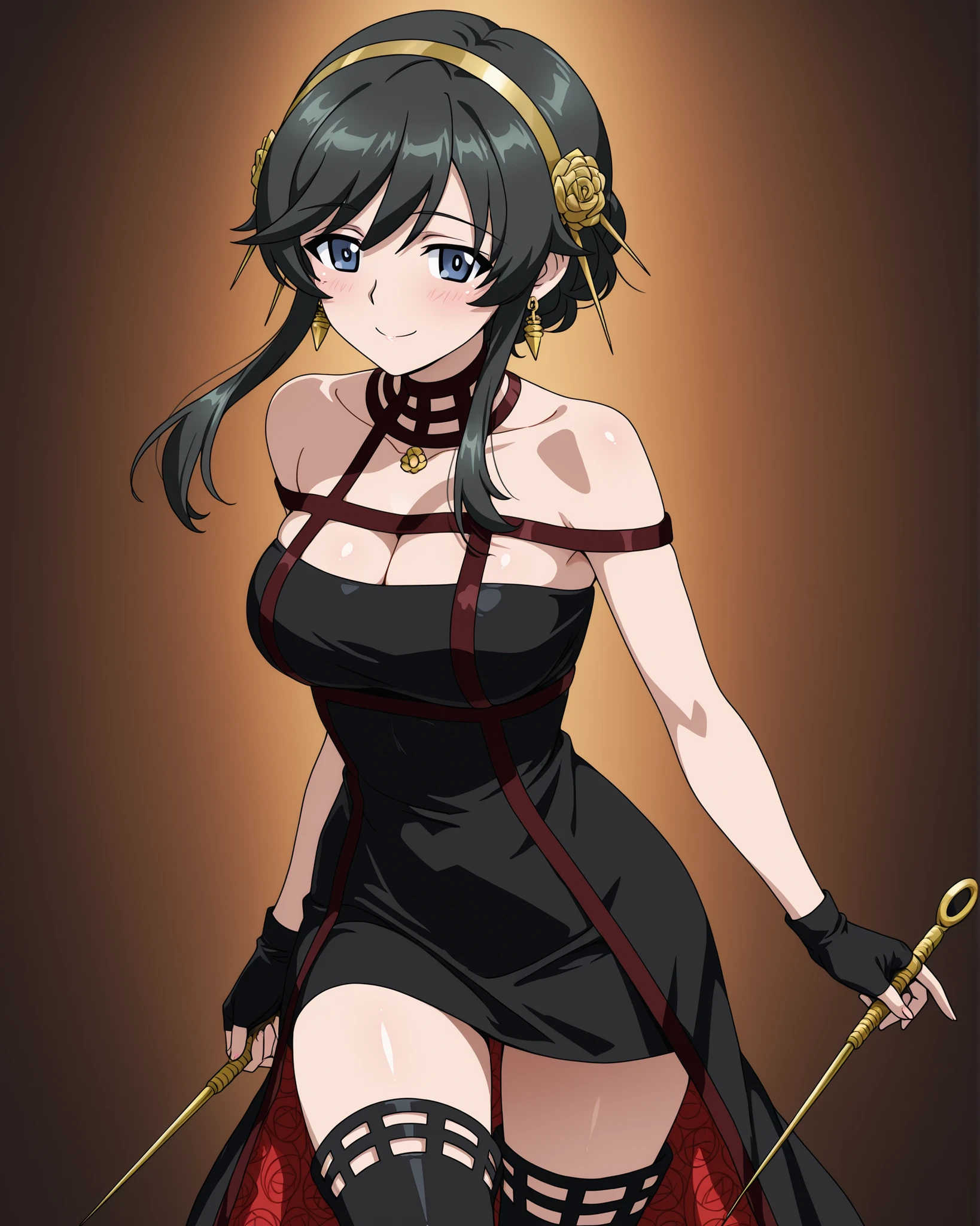1girl, Character, Girls_und_Panzer, Isuzu Hana, (black hair, short hair with long locks, sidelocks, yorbriarcosplay, yor briar \(cosplay\), bare shoulders, black dress, black gloves, cleavage, dress, earrings, gloves, gold earrings, hair ornament, hair band, jewelry, bare shoulders, collarbone, fingerless gloves, thighhighs, black thighhighs), smile, Girls_und_Panzer art style