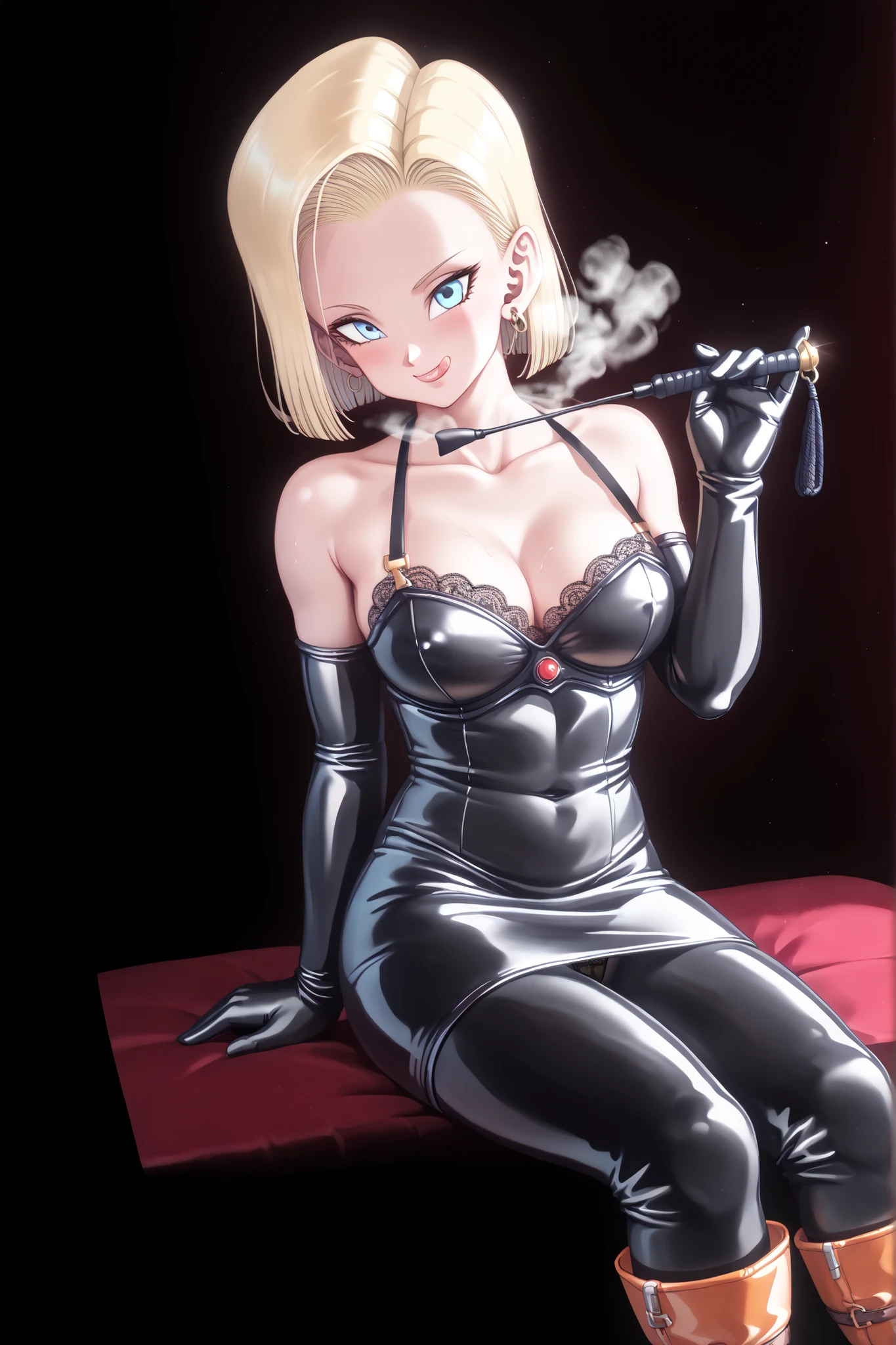 (((sitting cross-legged)))、The:1.3、holding riding crop:1.4、Queen、((( 1 woman)))、(((solo:1.8)))、(((Black Latex Elbow Gloves:1.4)))、(((black latex bustier dress:1.4)))、(((bustier dress, which has an 80 cm long horseback whip in her right hand, is decorated with beautiful ruffles and lace)))、(((halter neck bustier dress)))、(((Black latex tight mini skirt:1.4)))、(((black thigh-high boots:1.4)))、(((Black rubber tights:1.2)))、(((stiletto heel boots:1.4)))、(((stiletto boots:1.4)))、(((black latex high leg panties)))、(((大胆なPose:1.4 )))、Wide legs:1.2、(((erotic)))、(((cowboy shot)))、クローズup、beautiful eyes with highlights、Fine Beautiful Skin、} 2 perfect legs based on anatomy、wearing cute mythological costumes、(perfect 4 fingers and 1 thumb)、greatest masterpiece、Masterpiece、absurdres、high image quality、Hi-Res 8k、detailed face、detailed eyes、Detailed Hairstyles、score_9, score_8_up, score_7_up, score_6_up, score_5_up, score_4_up, Highest Quality,{{anime painted}},{akira toriyama style}}},(Prostitutes:1.2),(obscenity :1.3),(Steam:1.2),(Wet:0.8), Miyako Toriyama, official style, {{Dragon Ball}}(Android18, blue eyes, Blonde, short hair, gem, earrings from behind),(Indoor,SM Exclusive Hotel,discipline room,torture room,BDSM dungeon),Pose,dynamic angles,Dutch Angle,lay on chest,Make eye contact with the audience,Pellori sticking out her tongue、tongue licking、Doya face,grin,Malicious Smile,evil smile:1.2,smug:1.4,smirk:1.4,grin:1.2