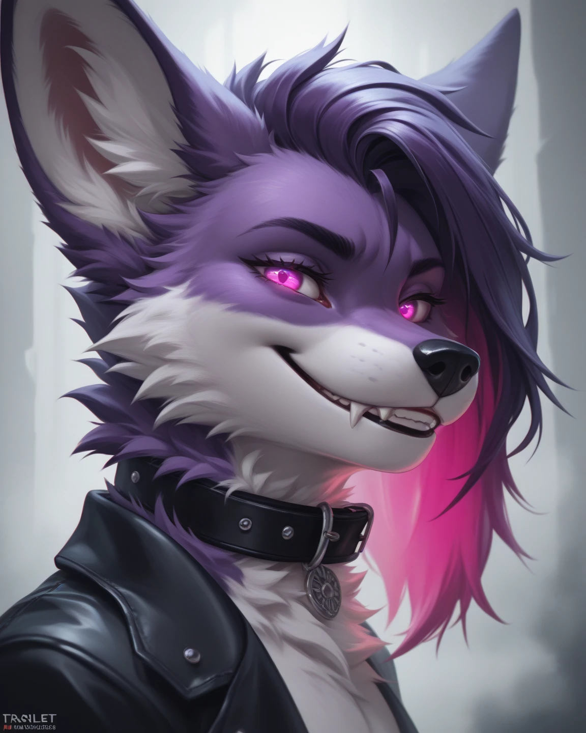 (masterpiece, best quality:1.2), Loona hellhound, wolf, furry, helluva boss, hypnotized with completely spyral glowing purple eyes with no irises or pupils, tongue out