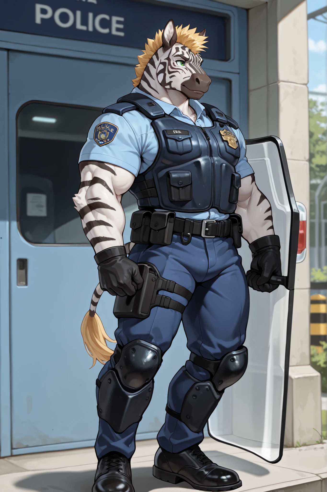 4g1typ3,Zebra, Male, Solo, Tall, Muscular, Tail, Green Eyes, Blonde Mohican, Riot police armor, Riot Shield, Police Station Background