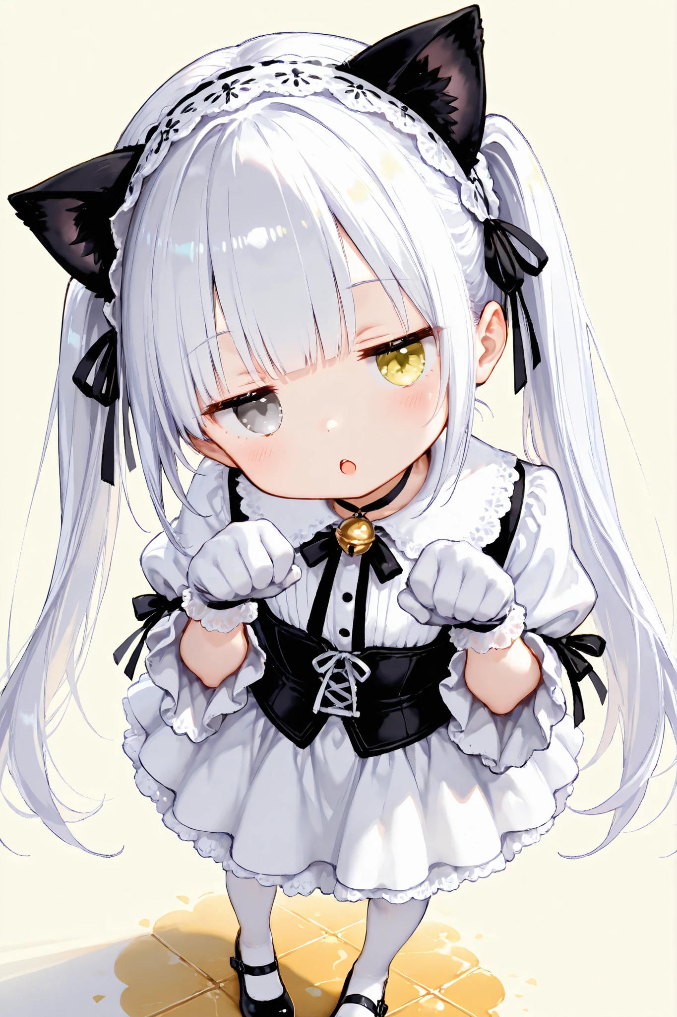 Shiny skin, cute, masterpiece, best quality, ultra detailed, high resolution, 8k, caustics, super detailed skin perfect anatomy, dynamic lighting, elaborate eye depiction, beautiful detailed eyes, a cute anime girl, petit, skinny, modest outfit, porcelain skin, milky white translucent skin, doll-like complexion, smooth flawless skin.
# hair
pure white hair, long fluffy twin tails, airy bangs, hairstyle decorated with many ribbons: ribbon headband, side ribbons, back ribbons, multiple small bow clips, ribbon-woven strands, nekomimi.
# eyes
jitome eyes, heterochromia, odd eyes, right eye gold iris, shimmering golden eye, left eye silver iris, shimmering silver eye, glossy highlights, doll-like gaze.
# outfit
white gothic lolita one-piece dress, bell sleeves with lace trim, modest corset bodice, layered frill skirt with petticoat volume, cream accents on ribbons and lace, subtle cross embroidery along hem, black ribbon choker, short lace gloves, opaque white tights, cream mary janes with ribbon details.
# pose
cat pose, hands at different heights, slight curve in back, upper body leaning forward, subtle shoulder tilt.
# expression
blank expression, silightly very small open mouth, upward gaze, slight head tilt.
# composition
side oblique angle, from above angle, looking down view,
luminous white space background with faint golden light dust, ethereal atmosphere, soft ambient glow, no distinct background objects.
fine line art, delicate line drawing, thin outlines, clean outlines, minimal noise.
foreshortening,
