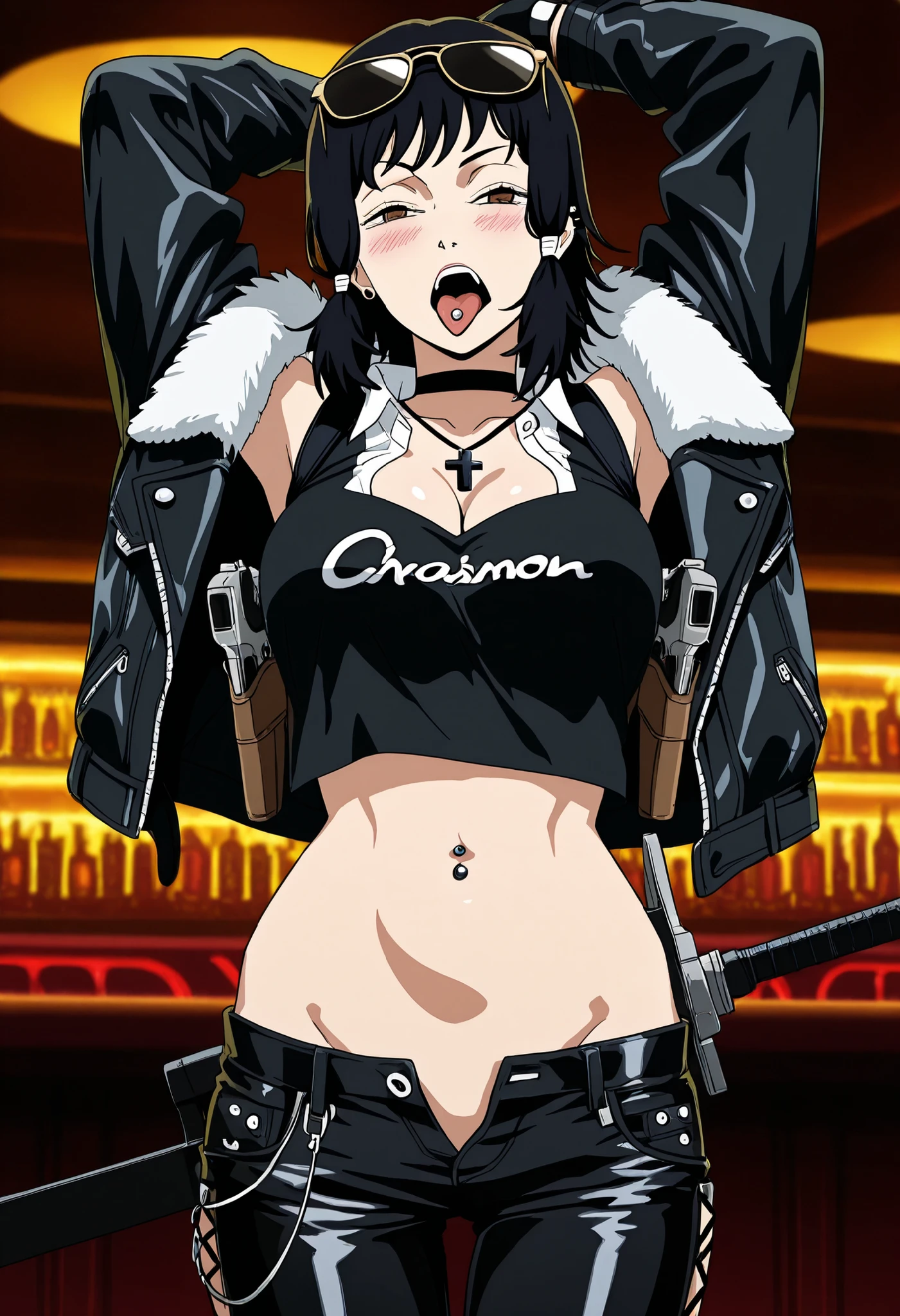 masterpiece, best quality, solo, 1girl, anime coloring, chainsaw man art style, m1fune,  smile, smug, blush, looking at the viewer, arms behind head, stretching, short hair, black hair, hair tubes, brown eyes, closed eyes, yawning, black shirt,  collared shirt, camisa cropped,  clothes written, long sleeve clothing, black pants, dark black clothes, belly, navel, midriff, outdoors, outside building, denim pants, lowrisepants, ultralowrisepants, low rise pants, ultra low rise pants, pants down, ear piercing, long hair, , lipstick, Hot girl, baddie, smoking, sensual, attractive , choker, ,cross necklace,, ,bar background, inside bar ,indoors, , casino, , fur jacket , bare shoulders , white fur , , , leather pants , dark brown , fur , side inserts , belt , weapon holder , weapon , fingerless gloves , leather , forearms , sword , short , strapped , belt , cowboy shot , masterpiece , best quality , highly detailed , a girls with a gun , evil smile , open mouth , sexy gaze , badass pose , evil smile , smile , (nsfw) not safe for work , guns blazing , anime girl with long hair , beautiful long haired girl , navel , evil expression , exposed belly , exposed navel , exposed midriff , exposed lower belly , long black pants , cleavage , unbuttoned leather pants , open fly , low rise black leather pants , leather jacket , holding a gun , holding pistol , unbuttoned shirt , collared shirt , knot , pull_down leather pants , (show off panties , :1 . 2 , no panties) , pull_down long black pants , pull_down black leather pants , zip up leather jacket , bikini top , navel , cross-laced slit , tongue piercing , tongue out , open mouth ,navel piercing , shoulder holster,, sunglasses on head, medium large Breasts, dragon tattoo on waist, narrowed eyes, tattoo on waist,, anipai_style , anime screencap , anime coloring,,