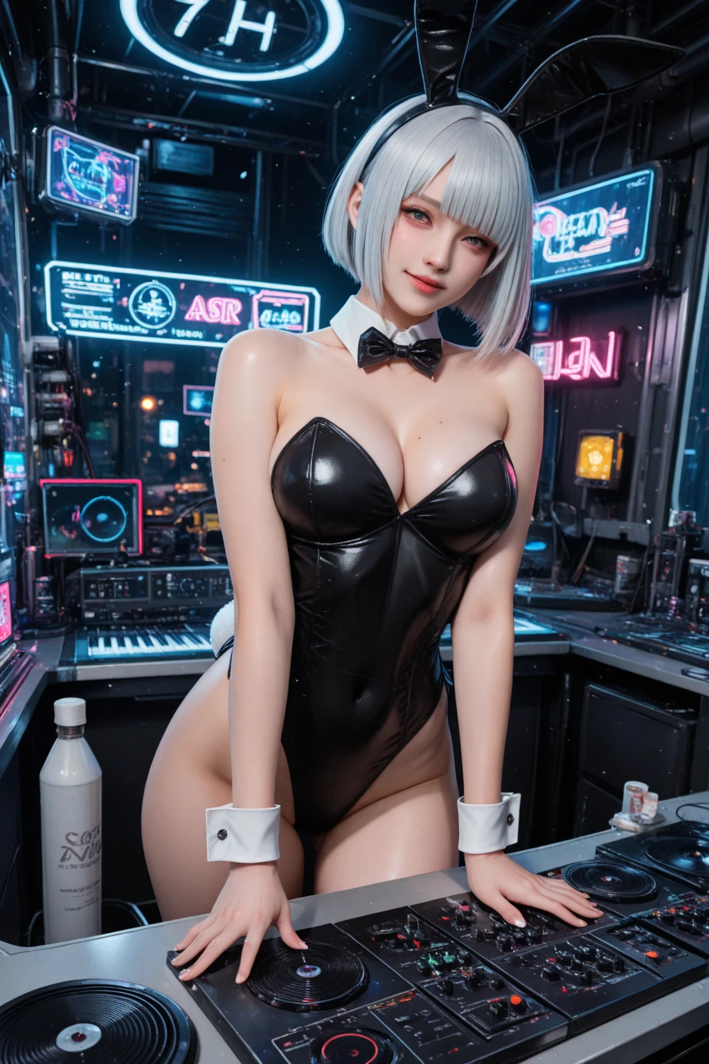 a beautiful lady, close up, dynamic pose, white hair, long hair, disheveled hair, floating hair, (hair over one eye), swept bangs, little smile, (playboy bunny, fishnet pantyhose:1.2), (fantasy:1.1) , (shiny hair, shiny skin, smile:1.1), (casino, bar, indoors, fighter, ahoge:1.1), sharp focus,(muscular:0.9),