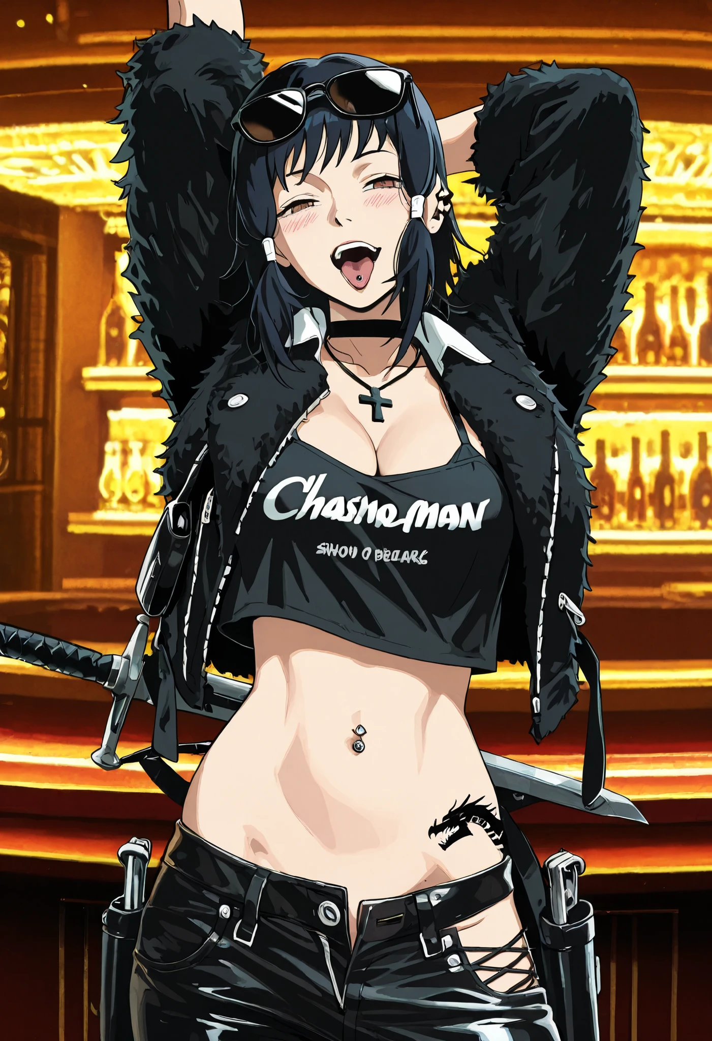 masterpiece, best quality, solo, 1girl, anime coloring, chainsaw man art style, m1fune,  smile, smug, blush, looking at the viewer, arms behind head, stretching, short hair, black hair, hair tubes, brown eyes, closed eyes, yawning, black shirt,  collared shirt, camisa cropped,  clothes written, long sleeve clothing, black pants, dark black clothes, belly, navel, midriff, outdoors, outside building, denim pants, lowrisepants, ultralowrisepants, low rise pants, ultra low rise pants, pants down, ear piercing, long hair, , lipstick, Hot girl, baddie, smoking, sensual, attractive , choker, ,cross necklace,, ,bar background, inside bar ,indoors, , casino, , fur jacket , bare shoulders , white fur , , , leather pants , dark brown , fur , side inserts , belt , weapon holder , weapon , fingerless gloves , leather , forearms , sword , short , strapped , belt , cowboy shot , masterpiece , best quality , highly detailed , a girls with a gun , evil smile , open mouth , sexy gaze , badass pose , evil smile , smile , (nsfw) not safe for work , guns blazing , anime girl with long hair , beautiful long haired girl , navel , evil expression , exposed belly , exposed navel , exposed midriff , exposed lower belly , long black pants , cleavage , unbuttoned leather pants , open fly , low rise black leather pants , leather jacket , holding a gun , holding pistol , unbuttoned shirt , collared shirt , knot , pull_down leather pants , (show off panties , :1 . 2 , no panties) , pull_down long black pants , pull_down black leather pants , zip up leather jacket , bikini top , navel , cross-laced slit , tongue piercing , tongue out , open mouth ,navel piercing , shoulder holster,, sunglasses on head, medium large Breasts, dragon tattoo on waist, narrowed eyes, tattoo on waist,, anipai_style , anime screencap , anime coloring,,