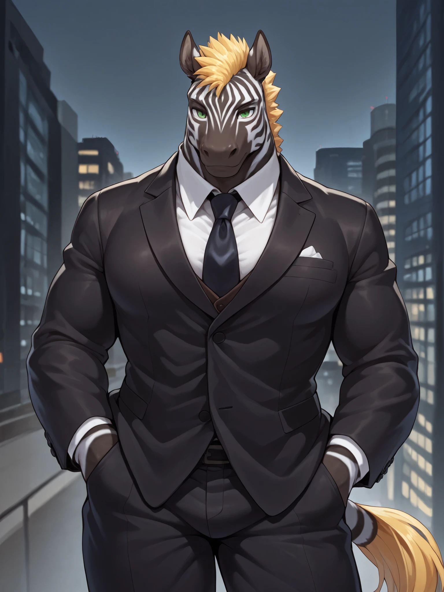4g1typ3,Zebra, Male, Solo, Tall, Muscular, Tail, Green Eyes, Blonde Mohican, Black Suit, City Background