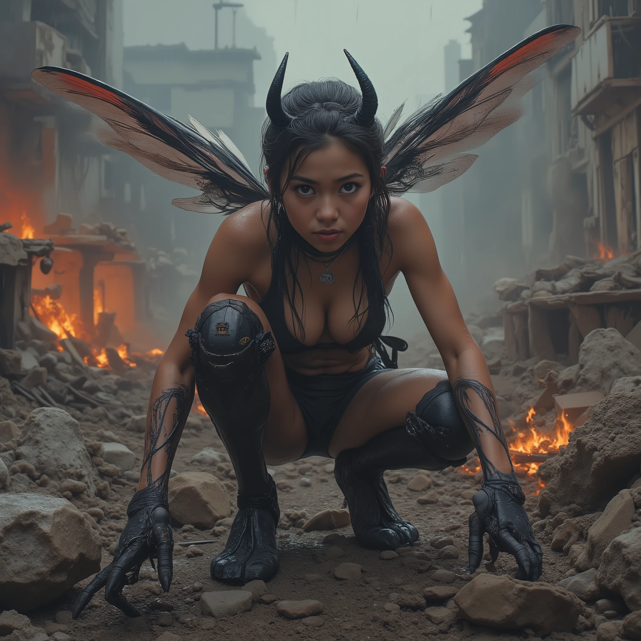 Female devil、battle cyborg、is crouching、Fly motif、multiple compound eyes、Four Hands、Fly Wings、Touch、 beastly feet 、collapsed city、 collapsed building、Heap of Rubble、Burning Building、 Fierce Flames、Pouring Rain、dark sky、spooky atmosphere、fog、cigarette、Red light、strong contrast lighting、Disaster Scenery、Sense of ruin、Masterpiece、Super high quality、8K resolution、Detailed Details、cinematic lighting、Dark Fantasy、apocalypse