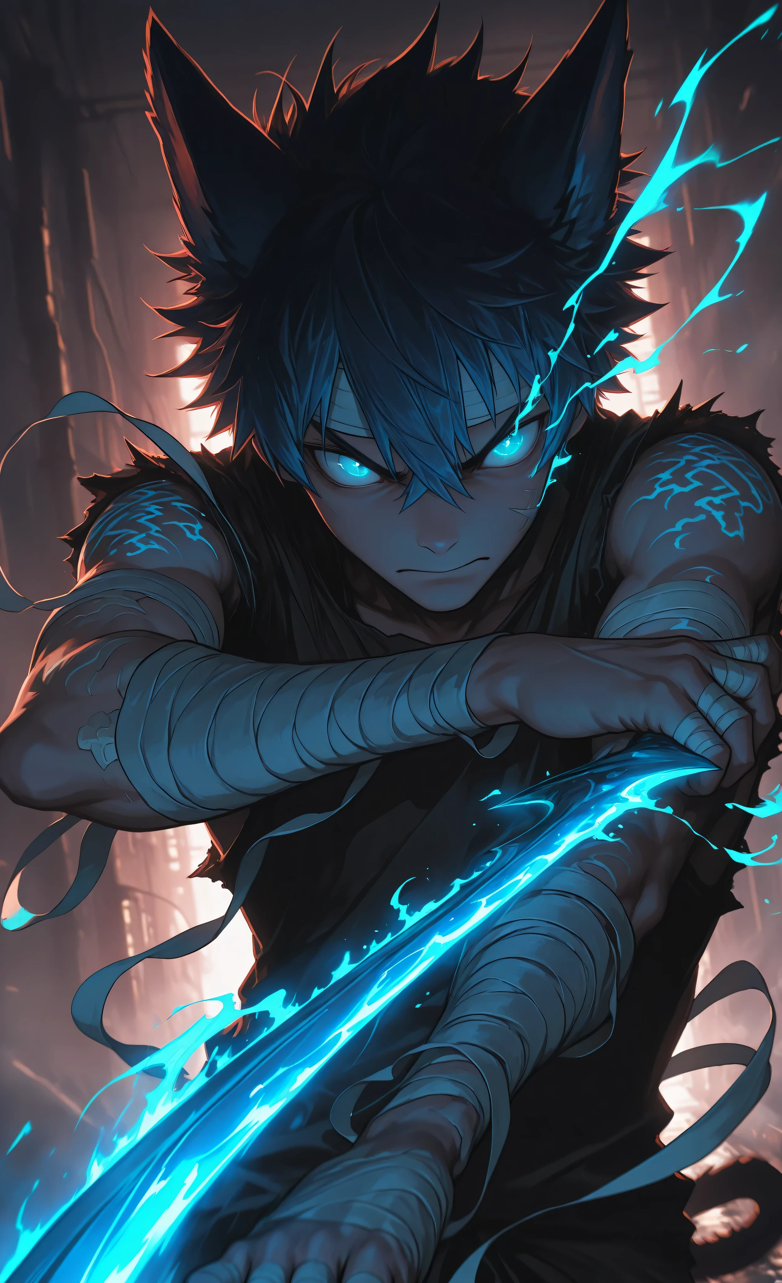 glowing, action pose, dynamic pose, Dynamic action, dynamic angles, dynamic perspective, dynamic color, dynamic light, holding weapon, (moody lighting, dramatic shadows, bloom lighting, colored shadows, Ink Style, best quality, soft lines, clear details, masterpiece:1.3, 8k:1.3, Highest quality:1.3, detail:1.3, high resolution:1.3, digital painting, super detail, 1male), (cinematic, dynamic action, sci-fi fantasy), 1 male, mid 20s, athletic build, in a dynamic pose, (bandages on his arms unwinding and conducting streams of raw blue energy:1.6), (energy coalescing into a blade in his hand:1.4), focused expression, futuristic urban battlefield, (bandages glow with runic patterns as energy flows through them:1.3), motion blur, controlled chaos, energy channeling, living weapon.