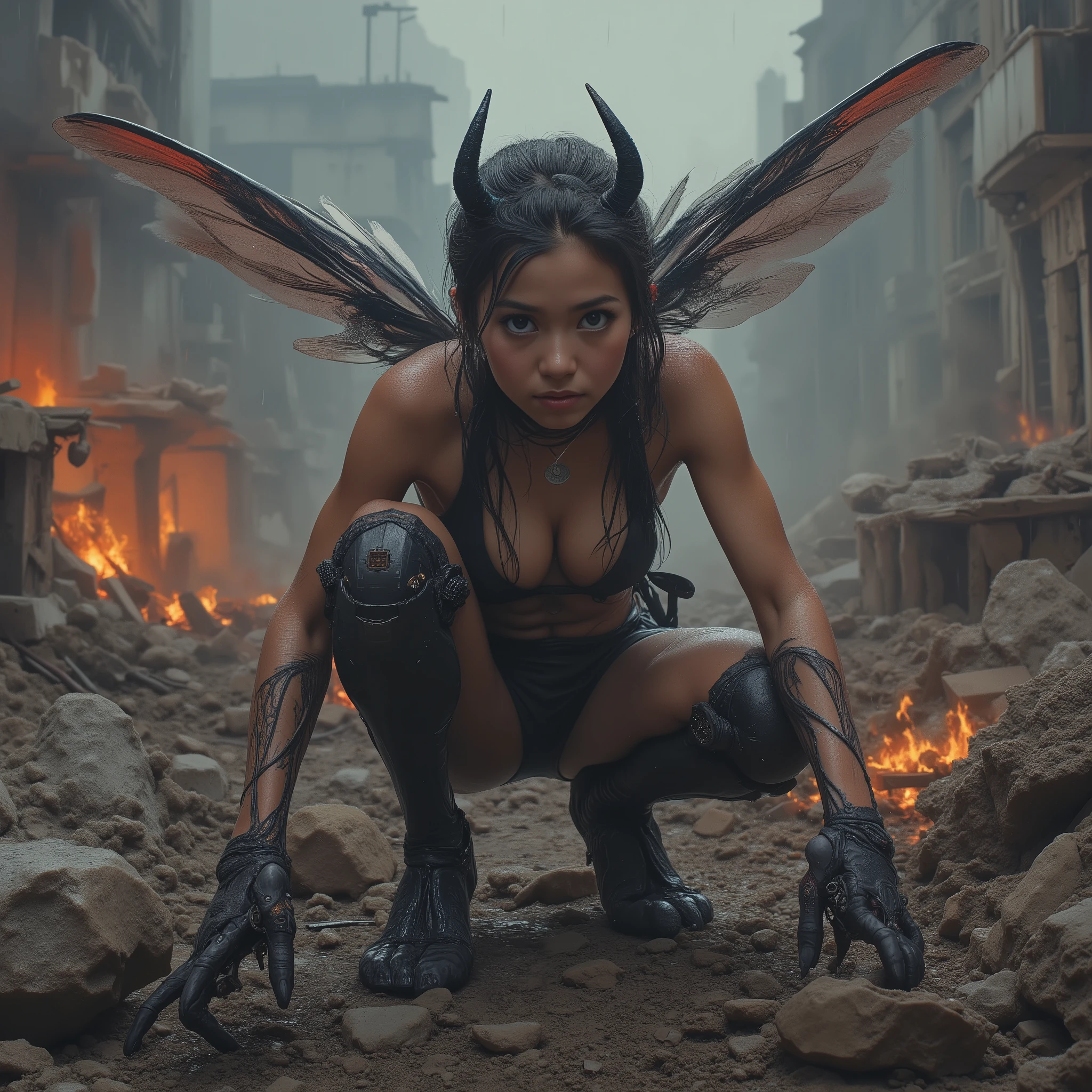 Female devil、battle cyborg、is crouching、Fly motif、multiple compound eyes、Four Hands、Fly Wings、Touch、 beastly feet 、collapsed city、 collapsed building、Heap of Rubble、Burning Building、 Fierce Flames、Pouring Rain、dark sky、spooky atmosphere、fog、cigarette、Red light、strong contrast lighting、Disaster Scenery、Sense of ruin、Masterpiece、Super high quality、8K resolution、Detailed Details、cinematic lighting、Dark Fantasy、apocalypse