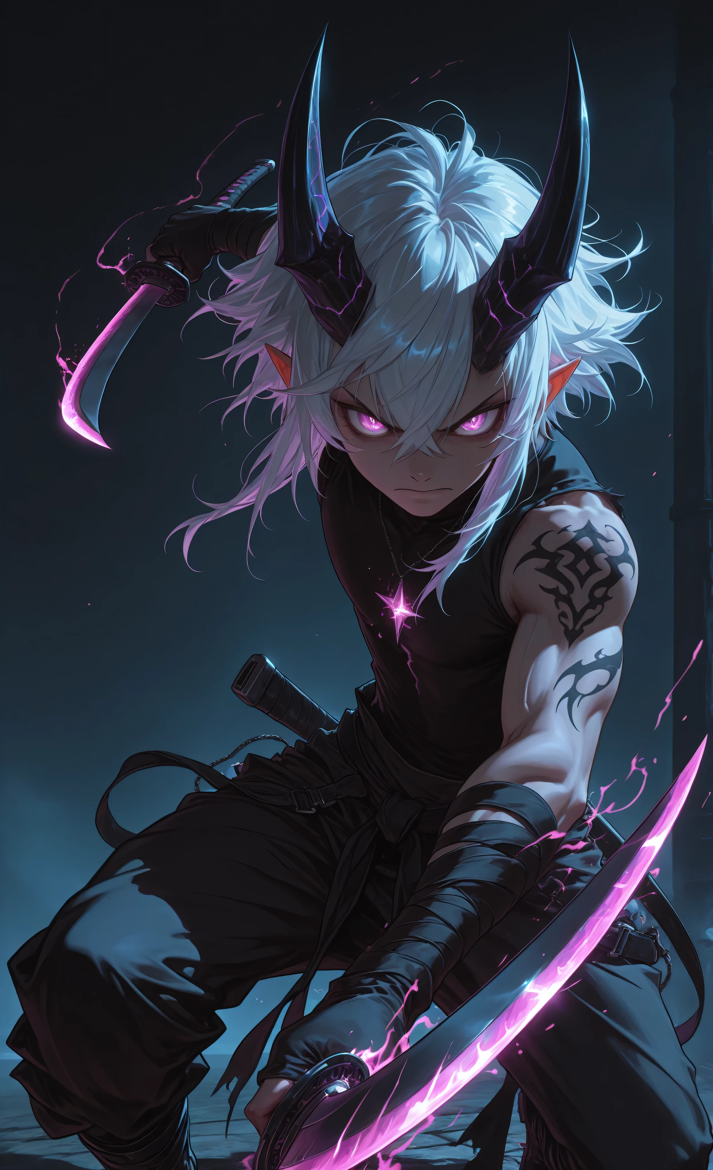 (action pose, dynamic pose, Dynamic action, dynamic angles, dynamic perspective, dynamic color, dynamic light, holding weapon, moody lighting, dramatic shadows, bloom lighting, colored shadows, Ink Style, best quality, soft lines, clear details, masterpiece:1.3, 8k:1.3, Highest quality:1.3, detail:1.3, high resolution:1.3, digital painting, super detail, 1male, dramatic lighting, cinematic),
A **mature light-skinned male, appearing to be in his late twenties**, is the central subject, positioned almost in the center of the frame. He has short, silver-white hair and a muscular build, with a defined abdomen. Intricate black tattoos adorn his left arm and extend onto his chest. He is wearing dark, flowing pants and a detailed belt with metallic accents, and what appear to be ornate boots. His body is extensively wrapped in bandages that strain against the dark, malevolent energy contained within, with **torrents of purple and black cursed energy streaming from beneath the bandages, forming powerful energy currents that violently break through the fabric restraints**. His facial expression is strained yet determined, with piercing eyes that gaze forward. The man is in a dynamic combat pose, wielding a katana with both hands, mid-movement as if preparing to strike or having just finished one. Pure white magical energy is emanating from the blade and his right hand in the form of swirling, glowing water-like designs, creating a stark contrast against the dark cursed energy he struggles to contain. A large, bright, partially visible halo-like ring is behind him, enhancing the magical atmosphere. The background is a deep black, contrasting with both energies and highlighting the subject. The image utilizes strong lighting that creates highlights and shadows on the man's body, contributing to the dramatic and fantasy style. The composition emphasizes a sense of power and mystery, suppressed darkness, containment struggle, dynamic action, binding curses.