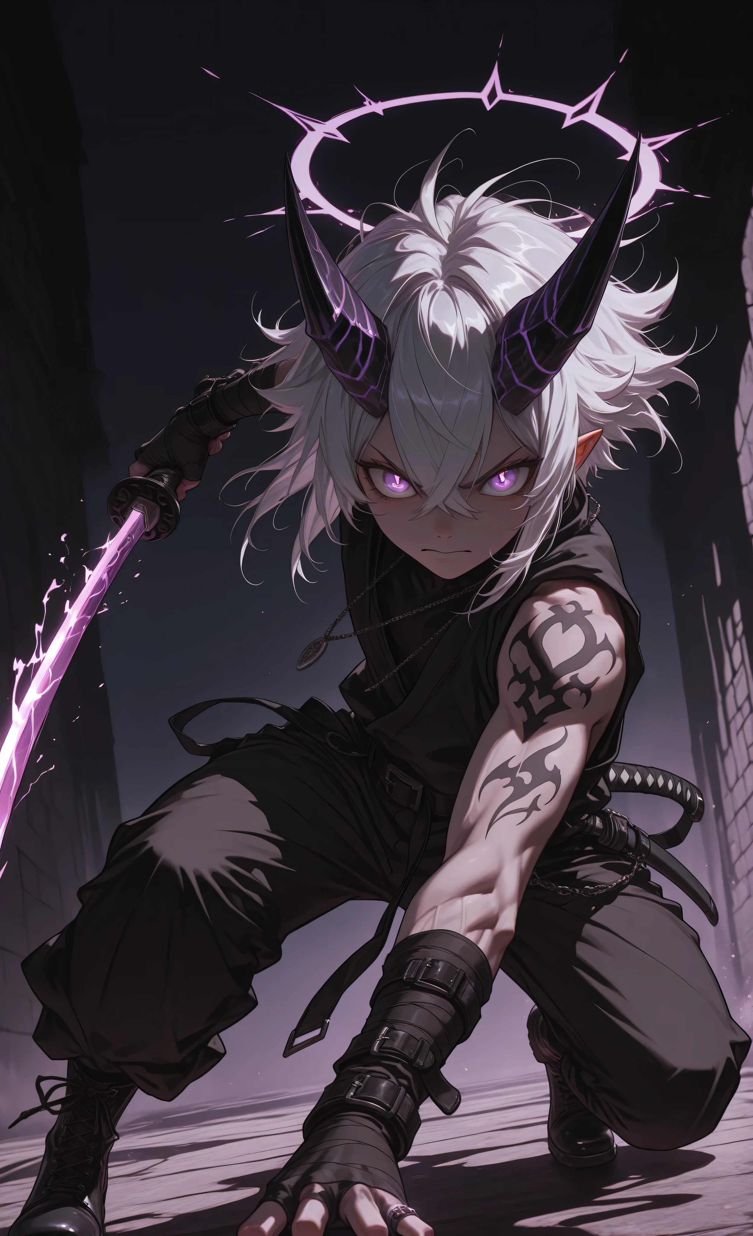 (action pose, dynamic pose, Dynamic action, dynamic angles, dynamic perspective, dynamic color, dynamic light, holding weapon, moody lighting, dramatic shadows, bloom lighting, colored shadows, Ink Style, best quality, soft lines, clear details, masterpiece:1.3, 8k:1.3, Highest quality:1.3, detail:1.3, high resolution:1.3, digital painting, super detail, 1male, dramatic lighting, cinematic),
A young, light-skinned male, appearing to be in his early twenties, is the central subject, positioned almost in the center of the frame. He has short, silver-white hair and a muscular build, with a defined abdomen. Intricate black tattoos adorn his left arm and extend onto his chest. He is wearing dark, flowing pants and a detailed belt with metallic accents, and what appear to be ornate boots. His body is extensively wrapped in bandages that strain against the dark, malevolent energy contained within, with violent purple and black tendrils of cursed power violently breaking through the fabric restraints. His facial expression is strained yet determined, with piercing eyes that gaze forward. The man is in a dynamic combat pose, wielding a katana with both hands, mid-movement as if preparing to strike or having just finished one. Pure white magical energy is emanating from the blade and his right hand in the form of swirling, glowing water-like designs, creating a stark contrast against the dark cursed energy he struggles to contain. A large, bright, partially visible halo-like ring is behind him, enhancing the magical atmosphere. The background is a deep black, contrasting with both energies and highlighting the subject. The image utilizes strong lighting that creates highlights and shadows on the man's body, contributing to the dramatic and fantasy style. The composition emphasizes a sense of power and mystery, suppressed darkness, containment struggle, dynamic action, binding curses.