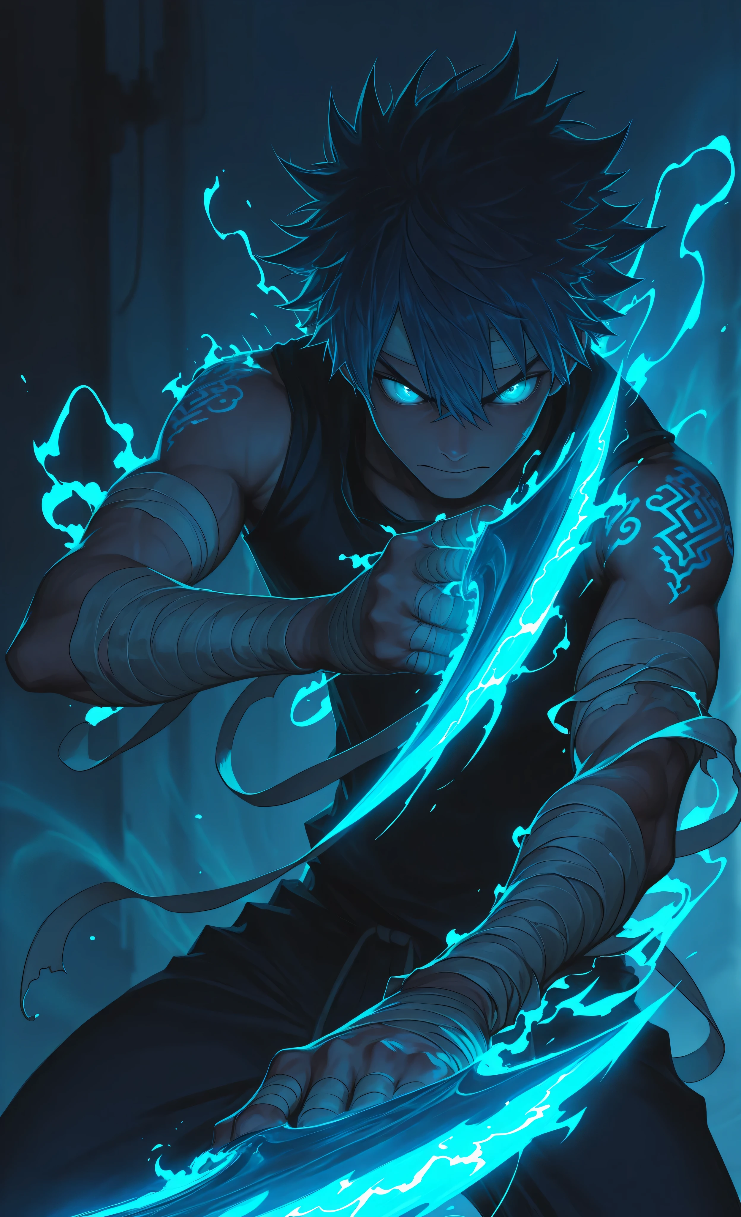 glowing, action pose, dynamic pose, Dynamic action, dynamic angles, dynamic perspective, dynamic color, dynamic light, holding weapon, (moody lighting, dramatic shadows, bloom lighting, colored shadows, Ink Style, best quality, soft lines, clear details, masterpiece:1.3, 8k:1.3, Highest quality:1.3, detail:1.3, high resolution:1.3, digital painting, super detail, 1male), (cinematic, dynamic action, sci-fi fantasy), 1 male, mid 20s, athletic build, in a dynamic pose, (bandages on his arms unwinding and conducting streams of raw blue energy:1.6), (energy coalescing into a blade in his hand:1.4), focused expression, futuristic urban battlefield, (bandages glow with runic patterns as energy flows through them:1.3), motion blur, controlled chaos, energy channeling, living weapon.