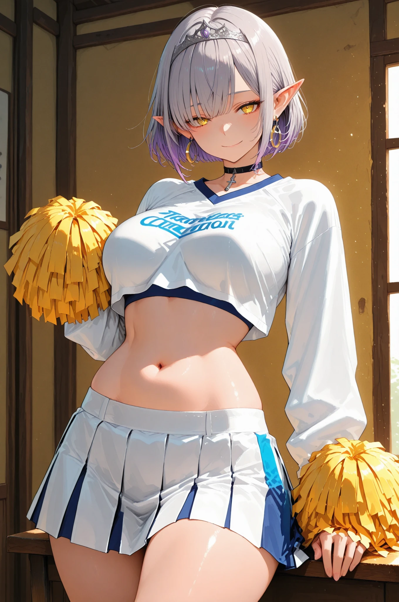 masterpiece, best quality, absurdres, perfect anatomy, 1girl, solo, silver hair, gradient hair, from behind, HaruCheerUniform, blue skirt,  smile