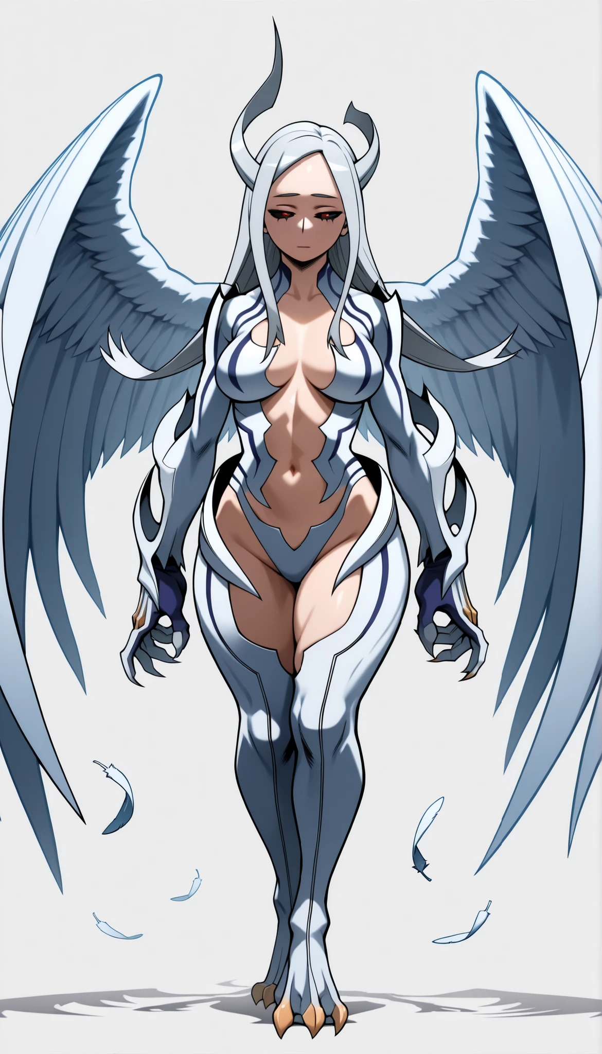 ((Highest Quality)), ((Simple light grey background)), (((My Hero Academia Style))), (by day), 1female, female, mature women, medium breast, thighs, hips, thick shins, solo, Athletic body, standing, (Full Body), eri, long hair, red eyes, grey hair, horns, single horn, big horn, black sclera, Eri, blue and white claw bikini top, white C-String strapless highleg bottom, white bikini armorsuit, Dragon bikini armorsuit, white armored legs, blue and white armored Arms, blue and white armored footwear, blue and white armored gloves, Dragon white armored legs, Dragon white armored Arms, Dragon white armored footwear, Dragon white armored gloves, blue and white Dragon claws, claws on hands, claws on feet, claws on Hands and feet, long white armored Dragon wings, Long armored blue sky and white wings, ((white with eight energetic blue "feathers" on each wings)), Blue jewelry details, white armored bikini suit with blue jewelry details, Dragon armored bikini suit with blue jewelry details, midriff, thigh-high, sad look, empty gaze, half-closed eyes, rage, strapless bra top, breast apart, skindentation, cleavage cutout, (Claw bikini top), (Claw bikini Bottom), ((Nora - Witchblade)), slut Clothes, ((toned body)), ((Thick body)),