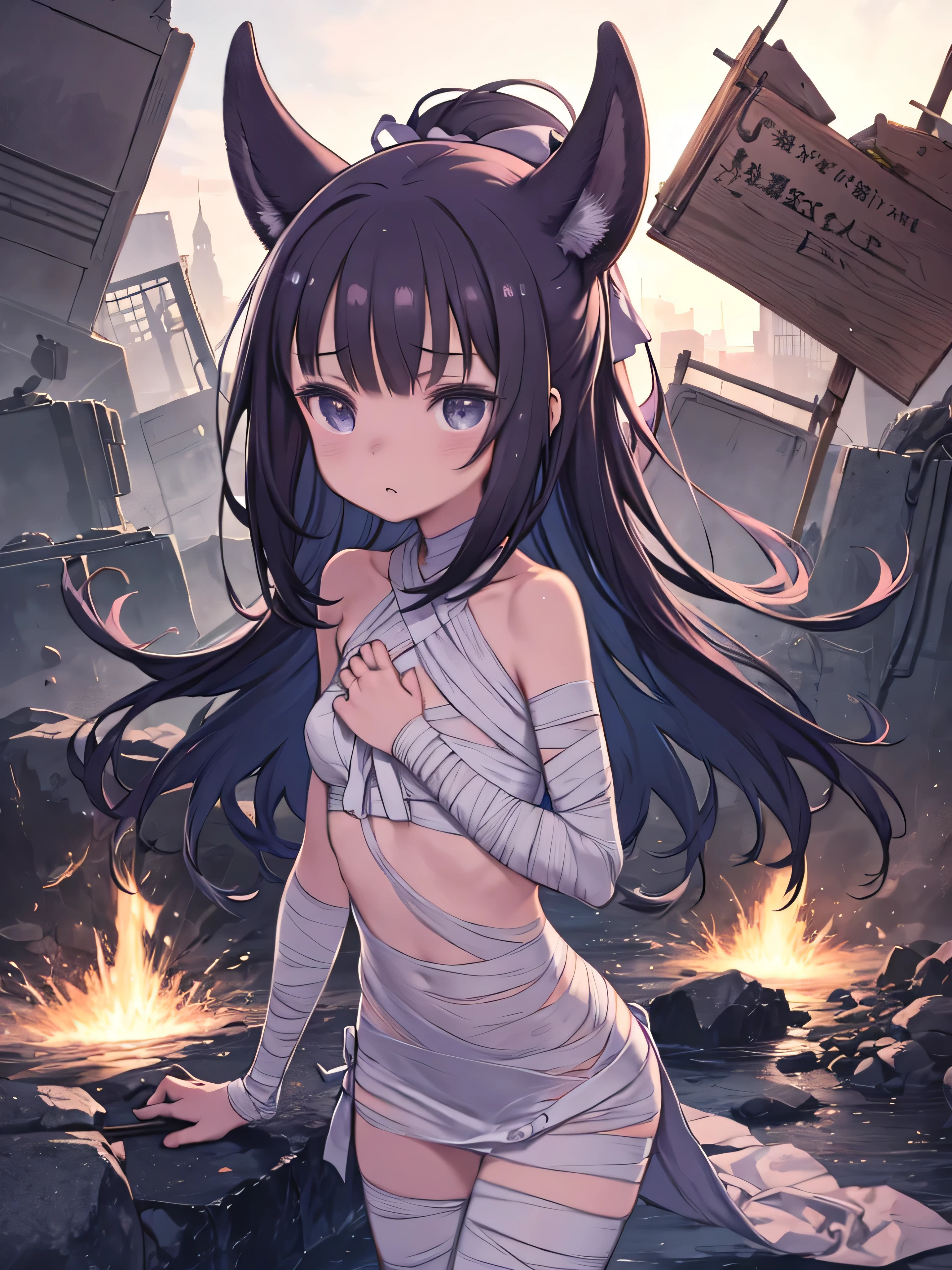 out from the body, Tattered artificial skin, MOVABLE PART STRUCTURE OF ROBOT,Empty eyes, sitting down, Complete , ancient Egyptian necklaces, and ancient Egyptian ornaments, Exposed ,  and breasts,Arms are missing, legs are missing, The artificial skin is peeling off in places,Among the crumbling ancient ruins, Rubble around,broken mechanical limbs,lean , Closed room, a lethargic face,burning underground ruins ,Inside the ruins that caught fire , burnt body, melted,The missing parts are terrible,completely destroyed, Lie down on your side, Lost limbs, Mouth half open; From the mouth to the tongue,robot joints, limb loss,Sparks from the joints,Scrap humanoid without arms and legs, Inside the collapsed pyramids of ancient Egypt, The whole body is old, old, old, covered in dust,The paint on ancient Egyptian ornaments is peeling off. ,The only light is the liquid crystal in my right eye and a slight spark coming from my joints,The skin is often peeled off, Mekabare ,I don't have arms, I don't have legs, the liquid crystal in my eyes is about to disappear, hole in the body,Artificial skin melts in places,Leaning , sitting down, decaying,Scars all over the body, cracks all over the body, jackal Kemonomimi, a little potbelly recently ,long jackal Kemonomimi ,The inside of the kemomimi is yellow, blue eyes, , black hair , Attach the ribbon only to the left side of the twin tails , -hag/s,limbs are missing, There are parts of limbs scattered around,lean , A mysterious face, 