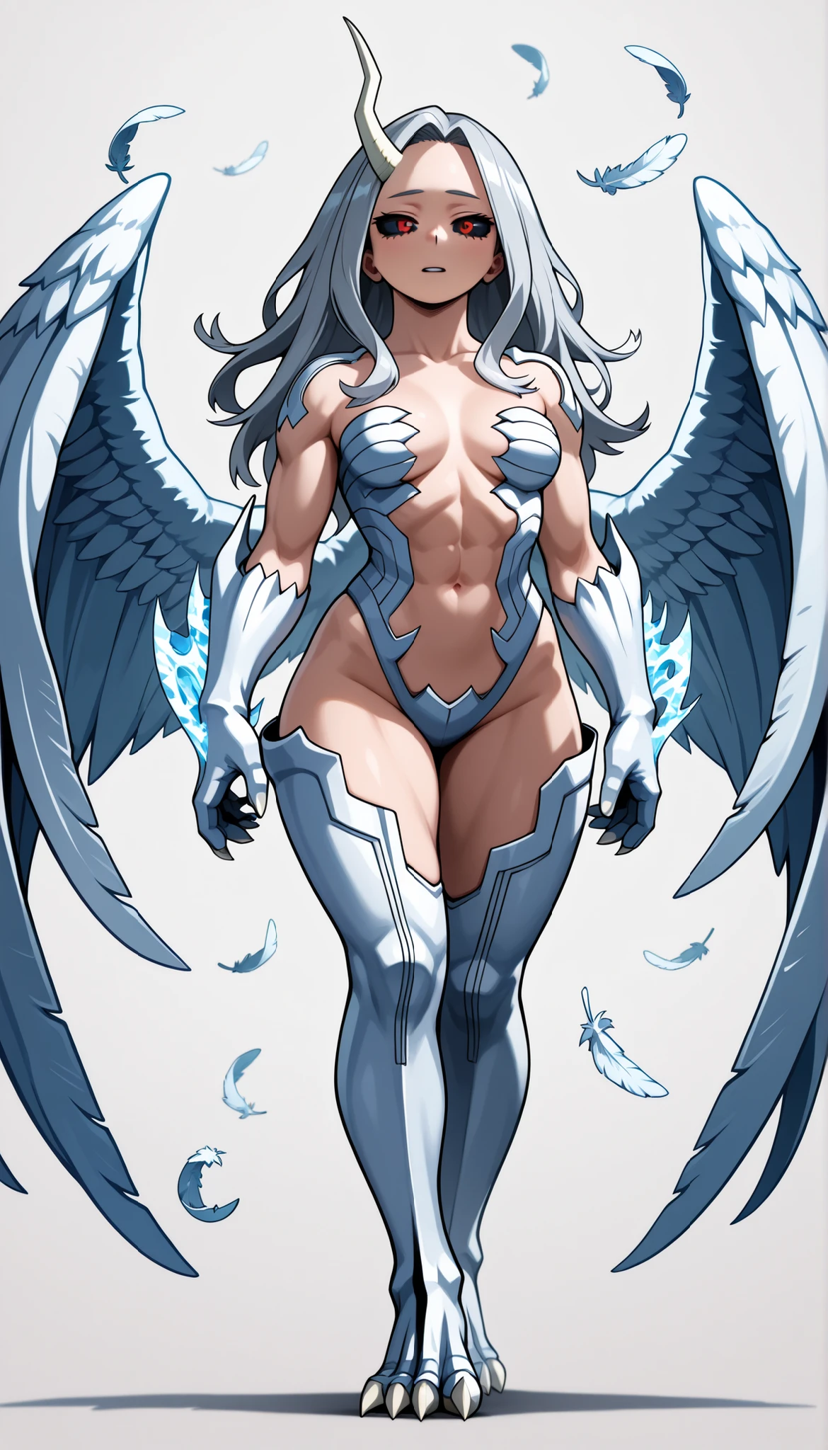 ((Highest Quality)), ((Simple light grey background)), (((My Hero Academia Style))), (by day), 1female, female, mature women, flat breast, thighs, hips, thick shins, solo, Athletic body, standing, (Full Body), eri, long hair, red eyes, grey hair, horns, single horn, big horn, black sclera, Eri, blue and white claw bikini top, white C-String strapless highleg bottom, white bikini armorsuit, Dragon bikini armorsuit, white armored legs, blue and white armored Arms, blue and white armored footwear, blue and white armored gloves, Dragon white armored legs, Dragon white armored Arms, Dragon white armored footwear, Dragon white armored gloves, blue and white Dragon claws, claws on hands, claws on feet, claws on Hands and feet, long white armored Dragon wings, Long armored blue sky and white wings, ((white with eight energetic blue "feathers" on each wings)), green jewelry details, white armored bikini suit with green jewelry details, Dragon armored bikini suit with blue jewelry details, midriff, thigh-high, sad look, empty gaze, half-closed eyes, rage, strapless bra top, breast apart, skindentation, cleavage cutout, (Claw bikini top), (Claw bikini Bottom), (witchblade armorsuit), slut Clothes, ((toned body)), ((Thick body)),