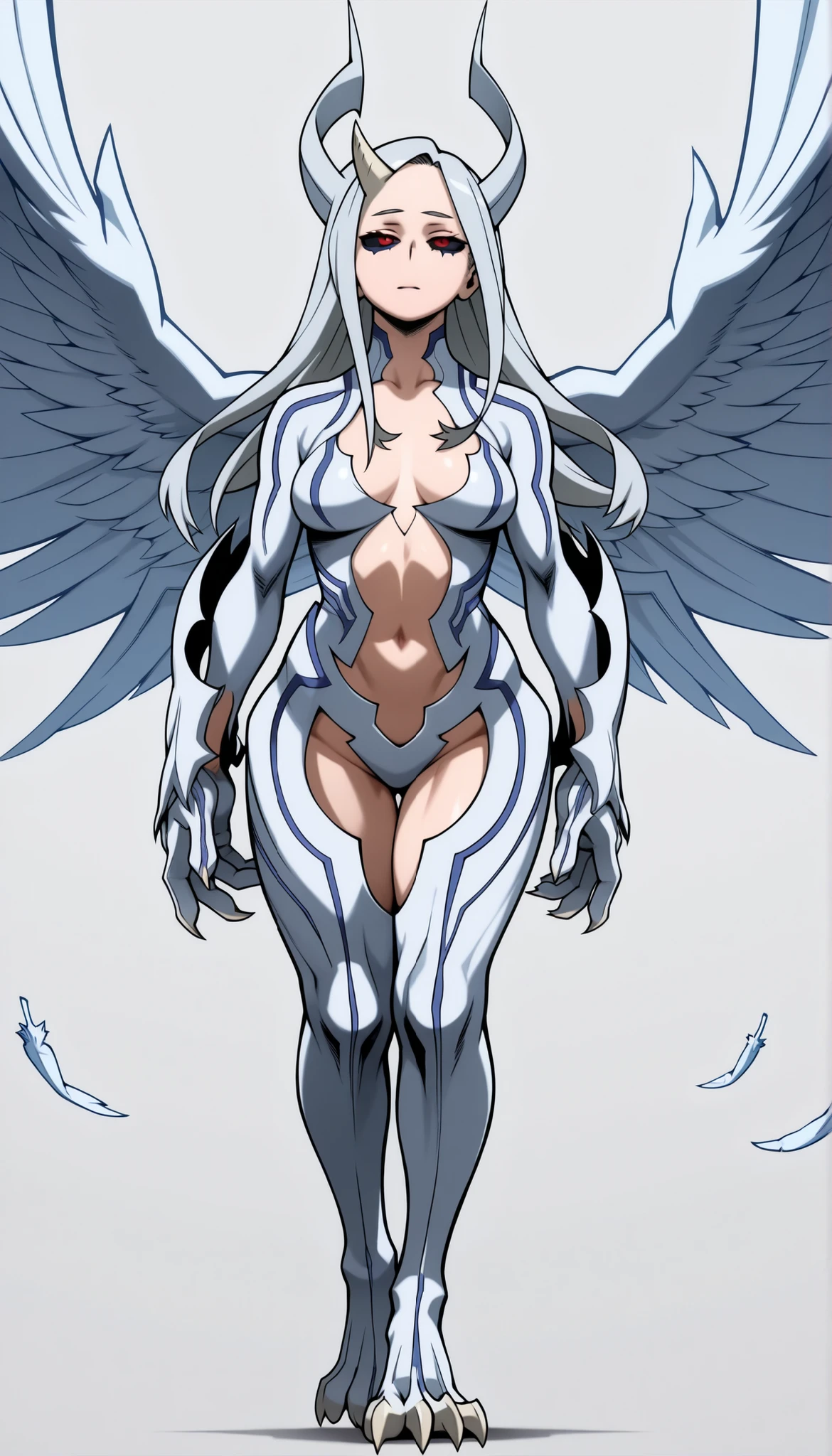 ((Highest Quality)), ((Simple light grey background)), (((My Hero Academia Style))), (by day), 1female, female, mature women, flat breast, thighs, hips, thick shins, solo, Athletic body, standing, (Full Body), eri, long hair, red eyes, grey hair, horns, single horn, big horn, black sclera, Eri, blue and white claw bikini top, white C-String strapless highleg bottom, white bikini armorsuit, Dragon bikini armorsuit, white armored legs, blue and white armored Arms, blue and white armored footwear, blue and white armored gloves, Dragon white armored legs, Dragon white armored Arms, Dragon white armored footwear, Dragon white armored gloves, blue and white Dragon claws, claws on hands, claws on feet, claws on Hands and feet, long white armored Dragon wings, Long armored blue sky and white wings, ((white with eight energetic blue "feathers" on each wings)), Blue jewelry details, white armored bikini suit with blue jewelry details, Dragon armored bikini suit with blue jewelry details, midriff, thigh-high, sad look, empty gaze, half-closed eyes, rage, strapless bra top, breast apart, skindentation, cleavage cutout, (Claw bikini top), (Claw bikini Bottom), ((Nora - Witchblade)), slut Clothes, ((toned body)), ((Thick body)),