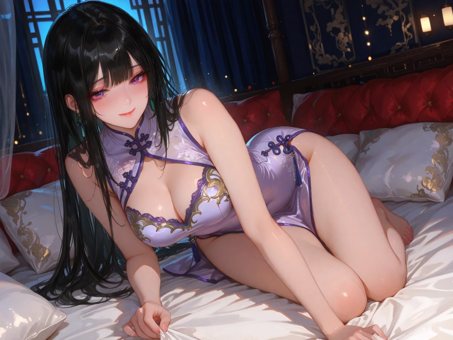 （Enrich the picture，Masterpiece level quality）Beautiful 8K CG artwork，Goddess-like posture，sittinng on the river，Postural exercises，Slim and soft，Translucent skin，Black Purple Hair、The beauty of extra-long hair, Super Long Straight Hair，The skin  fair and juicy，??????????? ????????? uniform，Perspective Part 1.2x enhanced silhouette effect，Exquisite transparent blues pattern in pajamas，The details are intricate and exquisite，The background  slightly blurred，Charming and ??????? leg seduction，Drool，J cup big breastlush，Japan goddess，Perfect body slim curves，Scene by the sea，